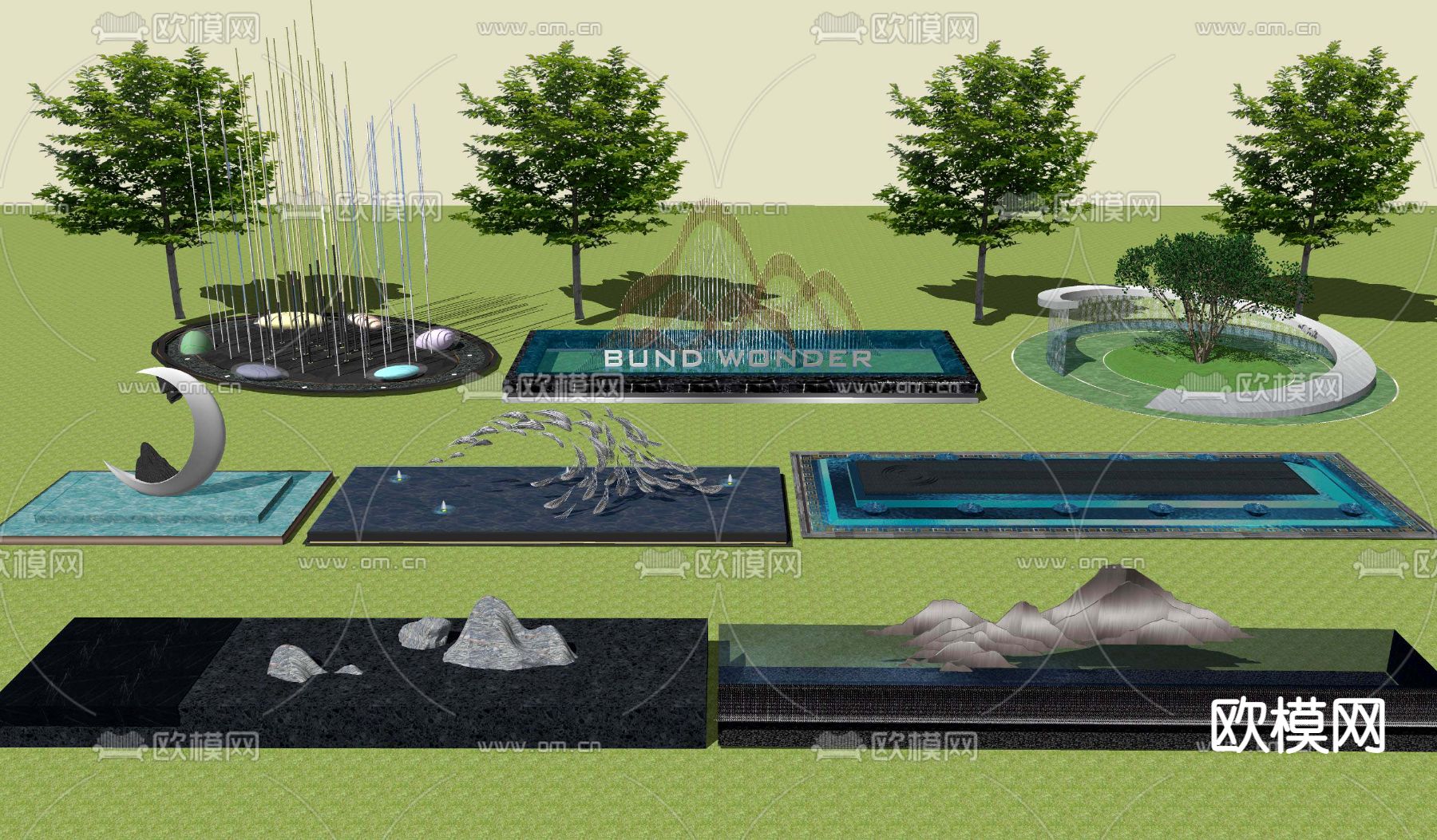 新中式镜面水景雕塑小品su模型下载
