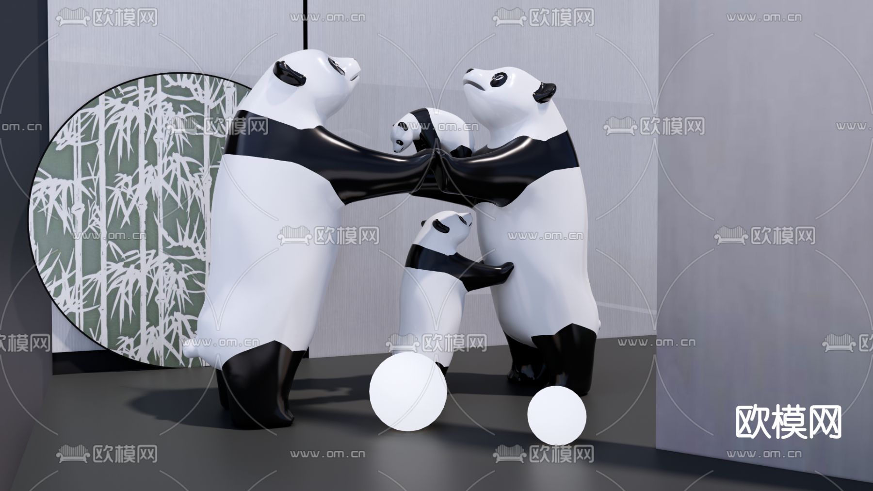 新中式熊猫雕塑su模型下载（渲染图1）
