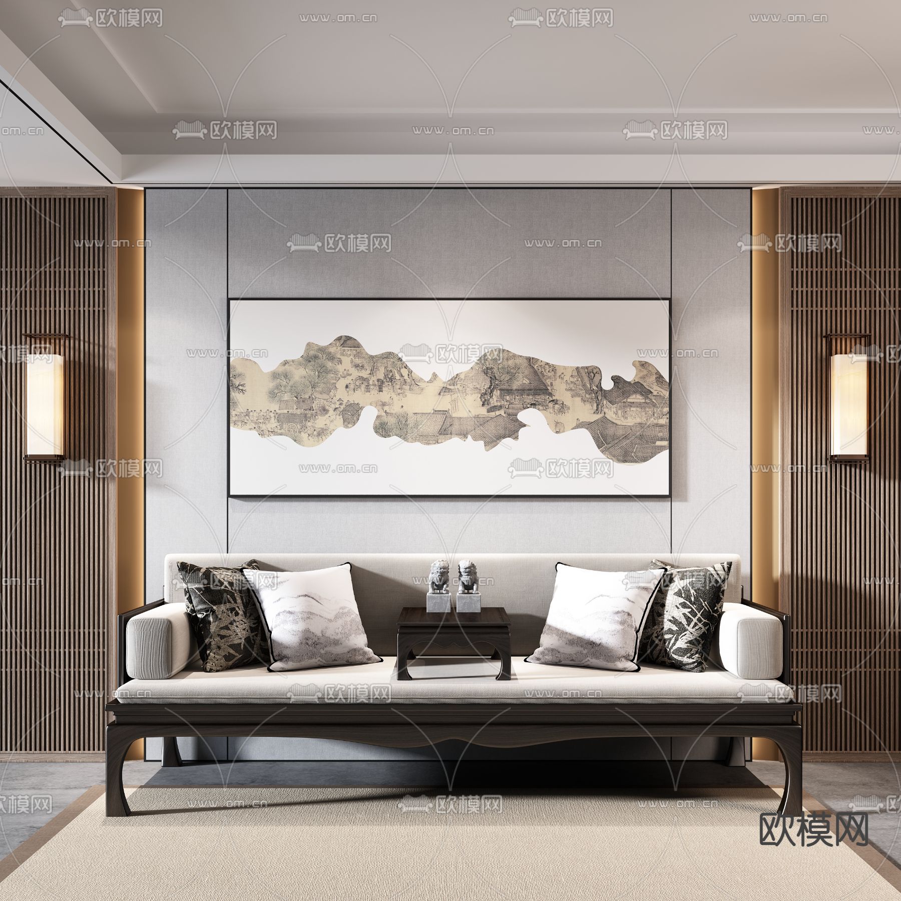 新中式罗汉床su模型下载（渲染图1）