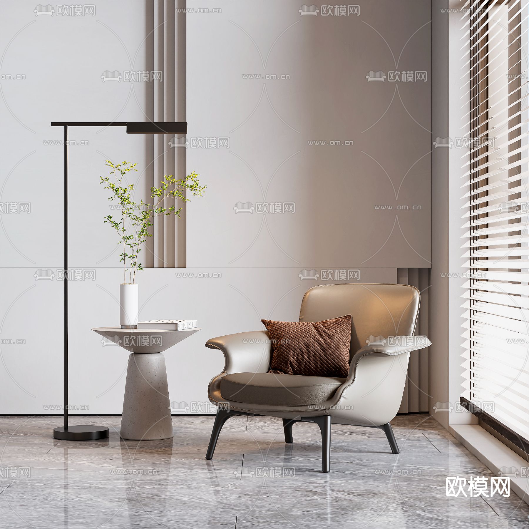 现代休闲椅落地灯边几组合3d模型下载（渲染图1）