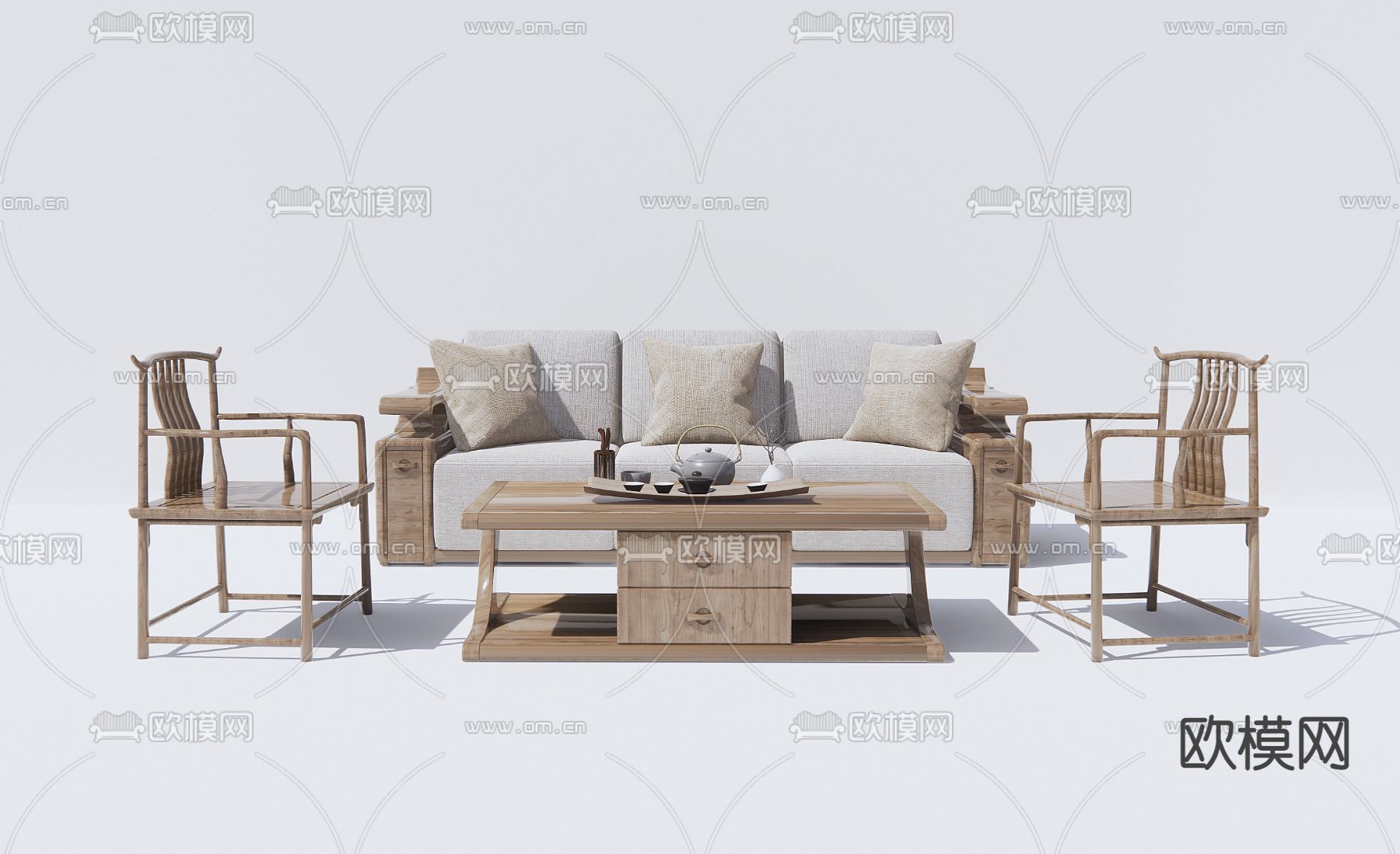 中式布艺沙发组合su模型下载（渲染图1）
