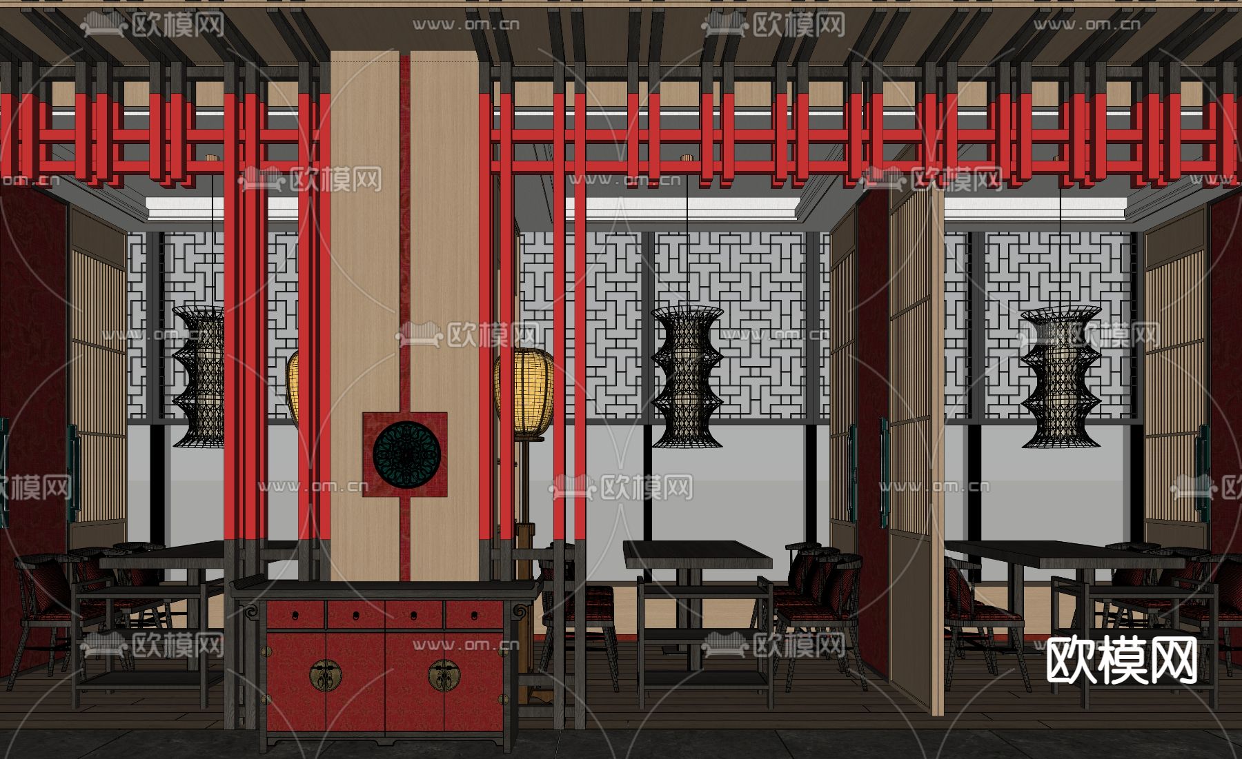 新中式餐饮卡座包间su模型下载（渲染图5）
