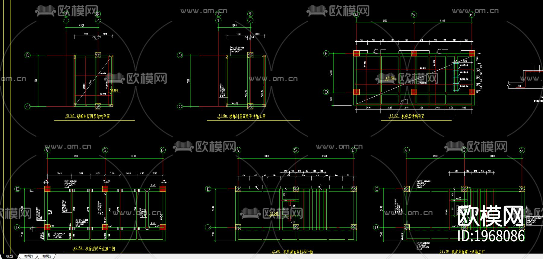 机房屋面层结构平面CAD施工图下载