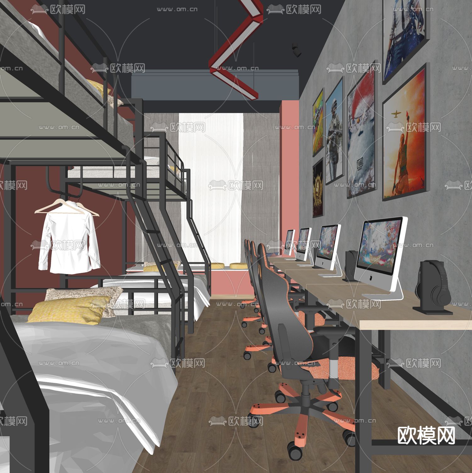 工业风电竞宿舍su模型下载（渲染图2）