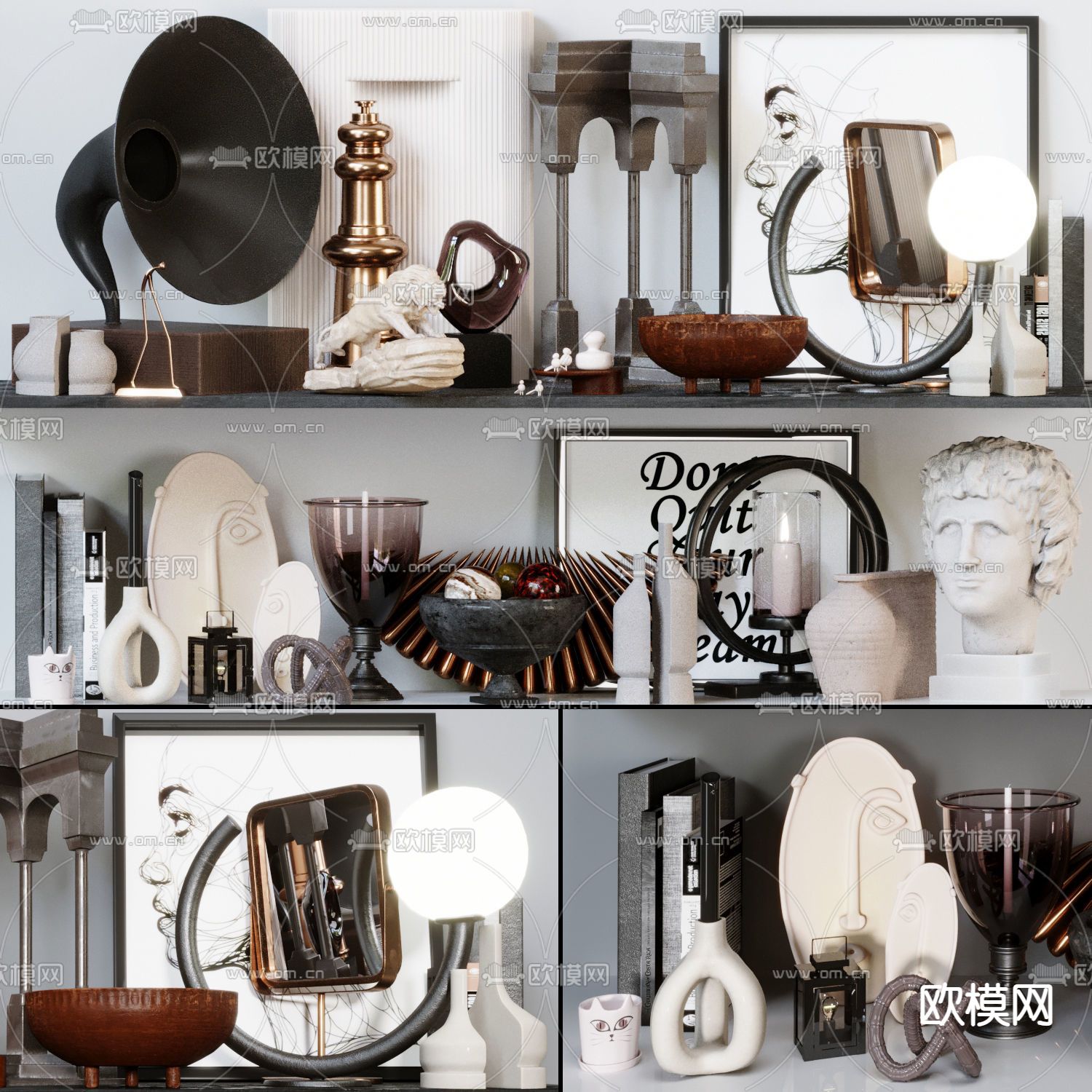 简欧雕像书籍饰品摆件3d模型下载（渲染图1）