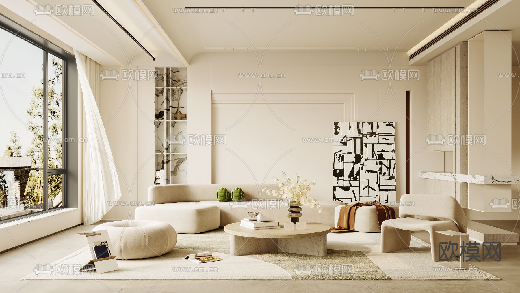 侘寂布艺异形沙发组合3d模型下载