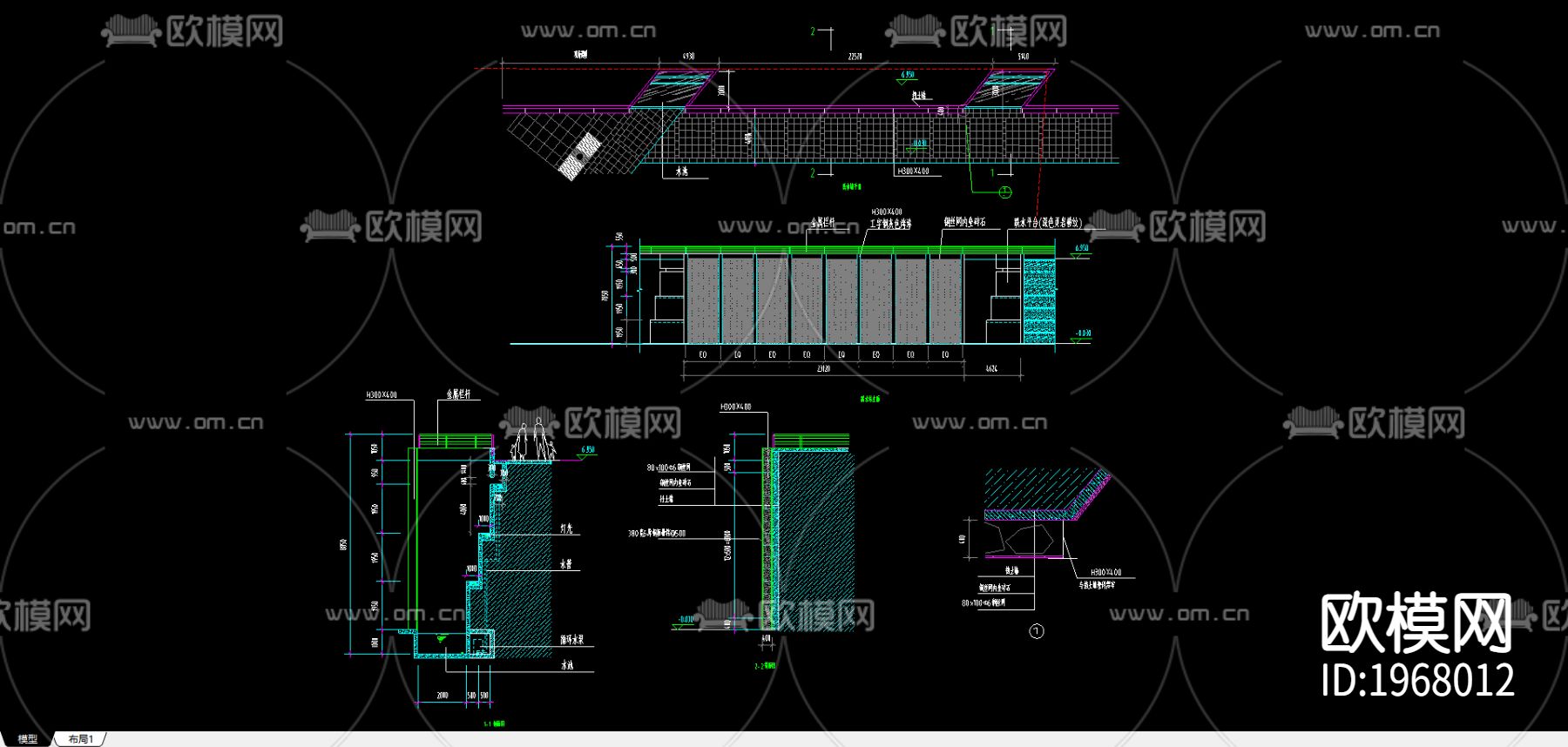 跌水墙cad方案下载（渲染图1）