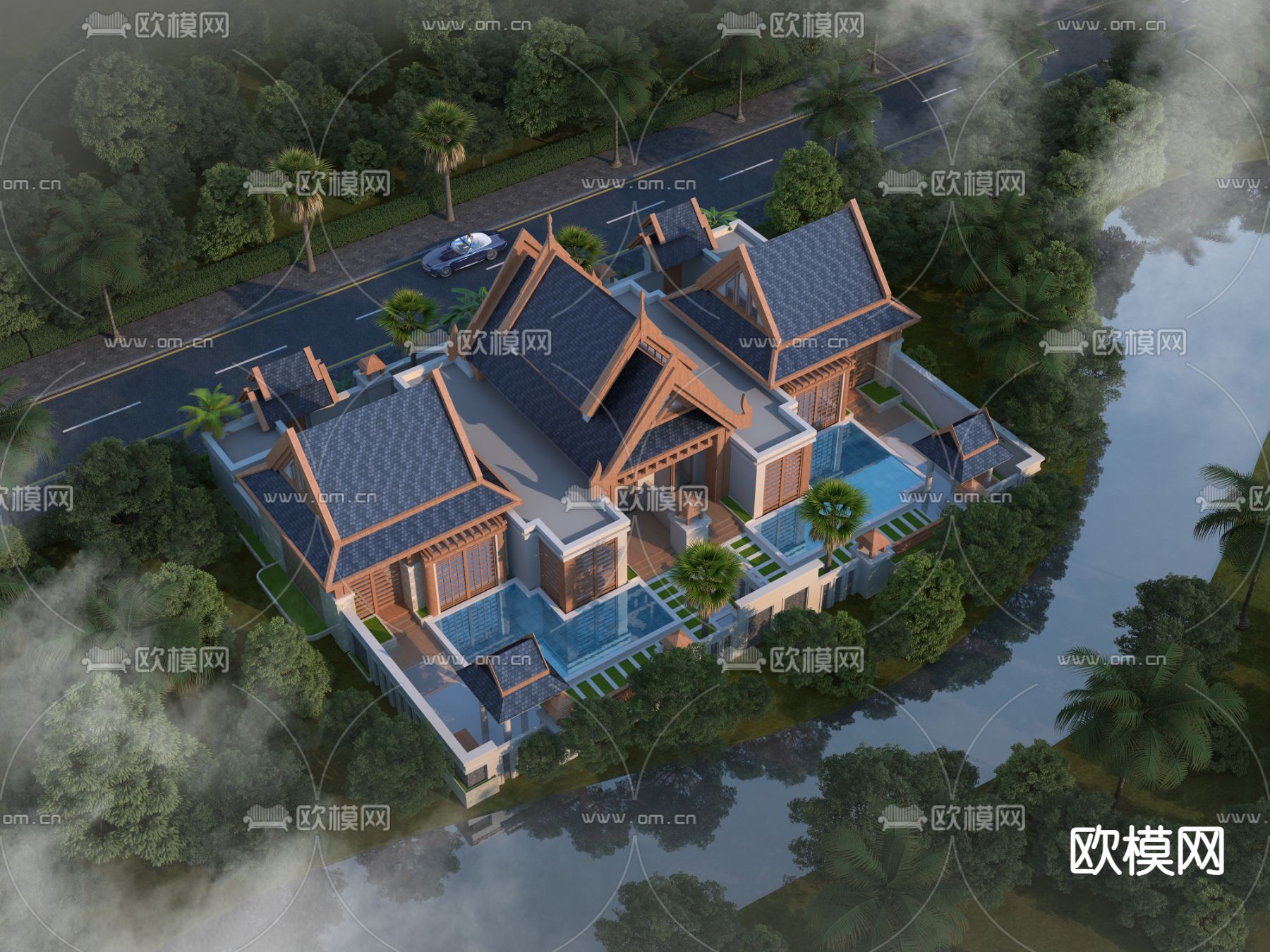 东南亚联排别墅外观3d模型下载（渲染图2）