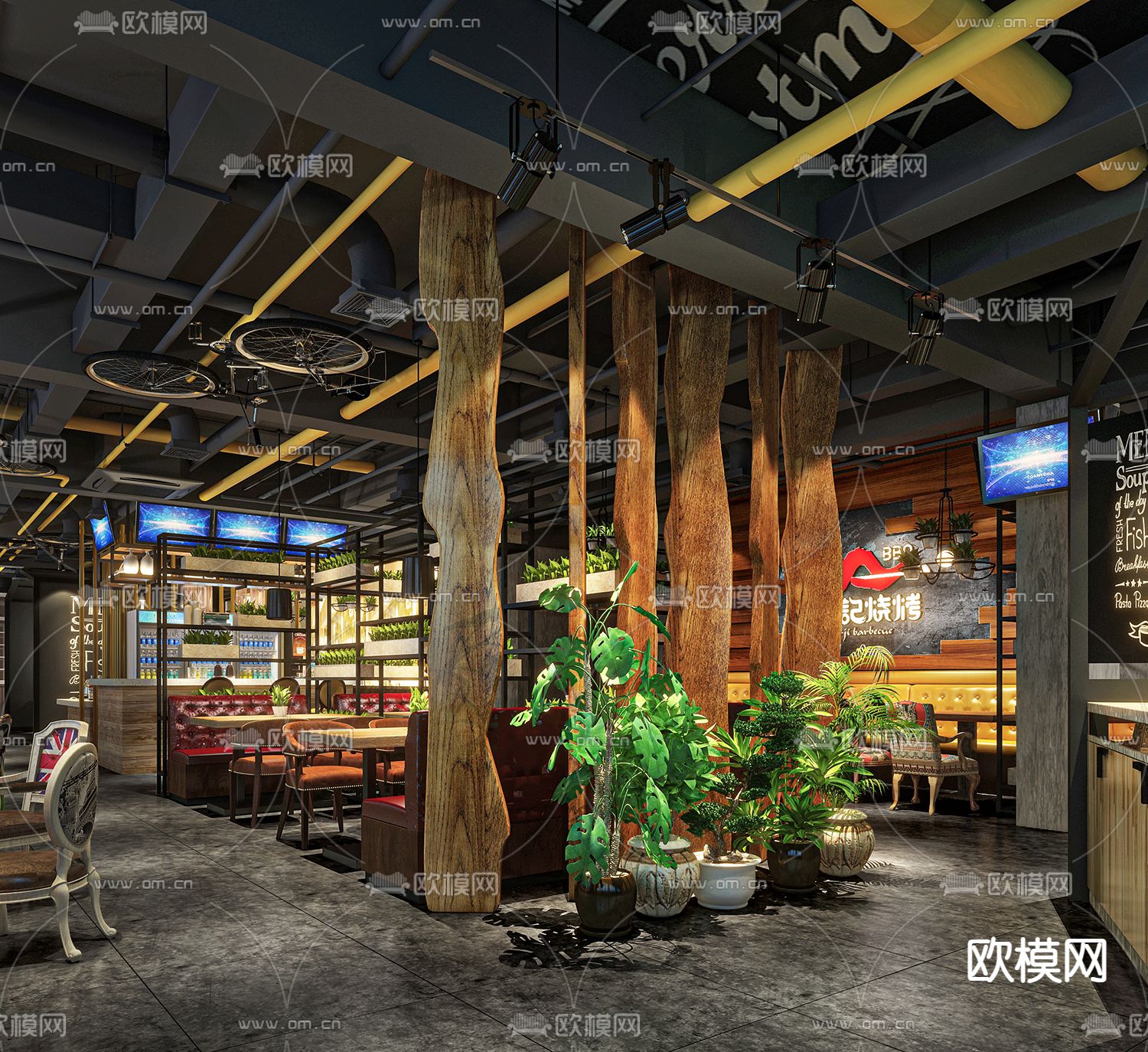 工业风烧烤店3d模型下载（渲染图2）