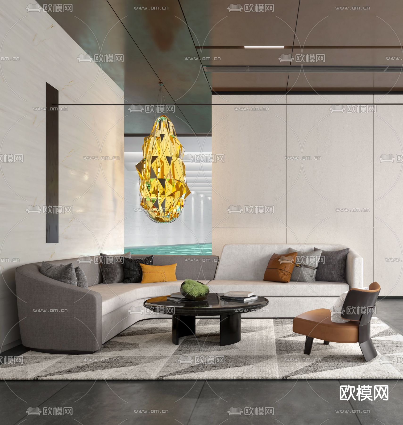 山禾金缘设计 现代布艺组合沙发3d模型下载（渲染图1）