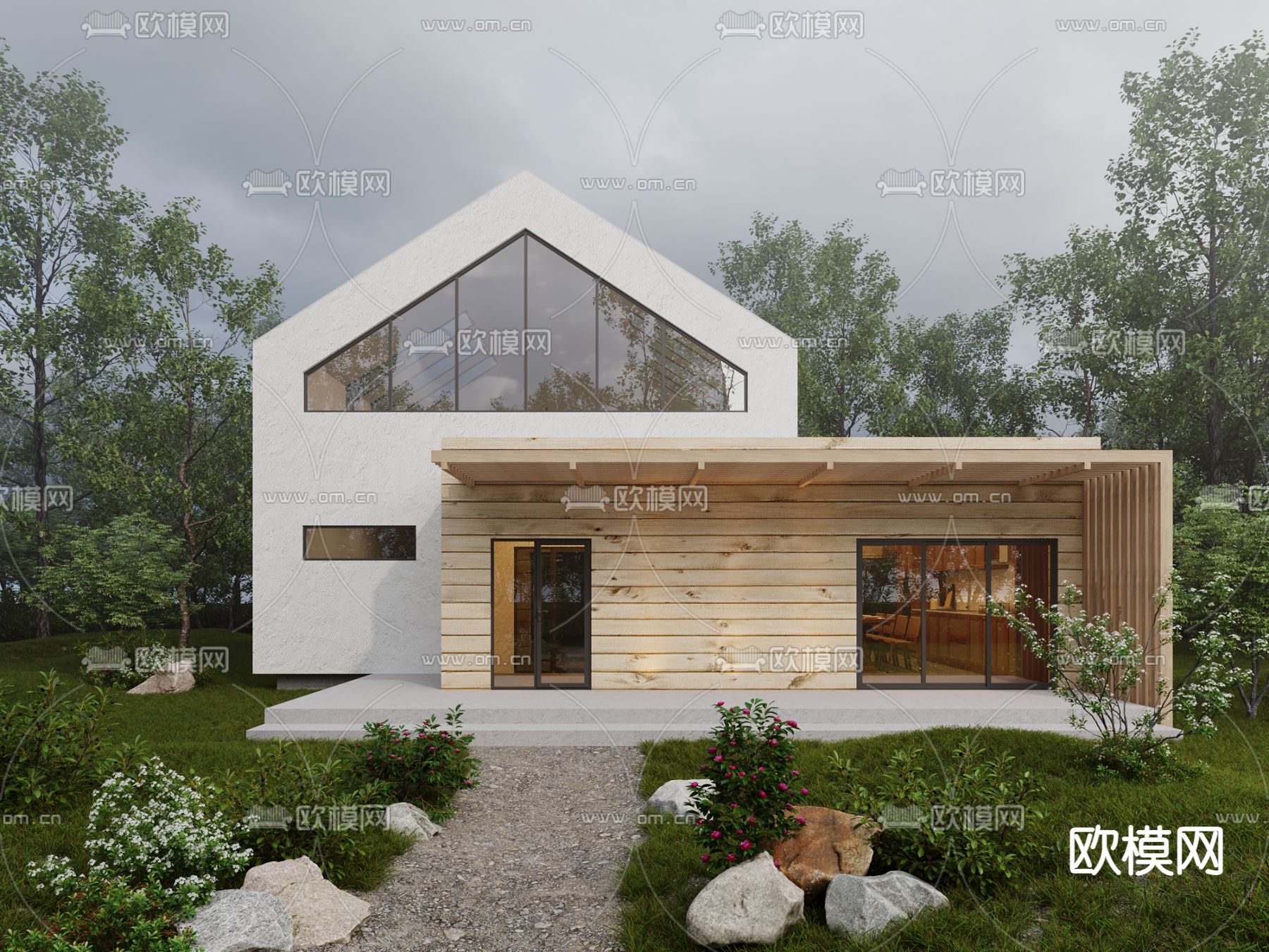 现代别墅外观3d模型下载（渲染图1）