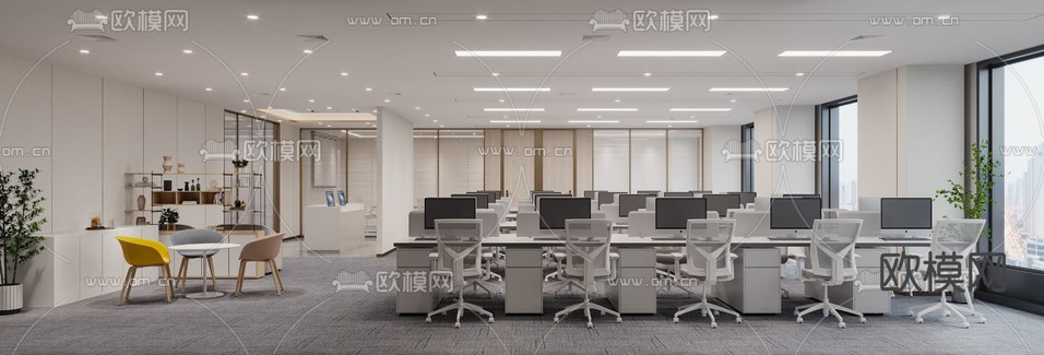 现代敞开式办公区3d模型下载(渲染图1)