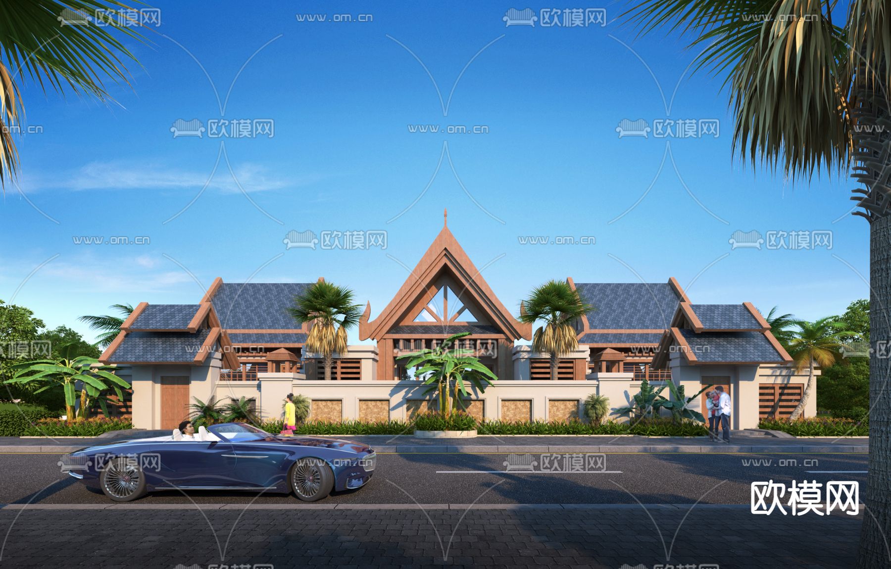 东南亚联排别墅外观3d模型下载（渲染图1）
