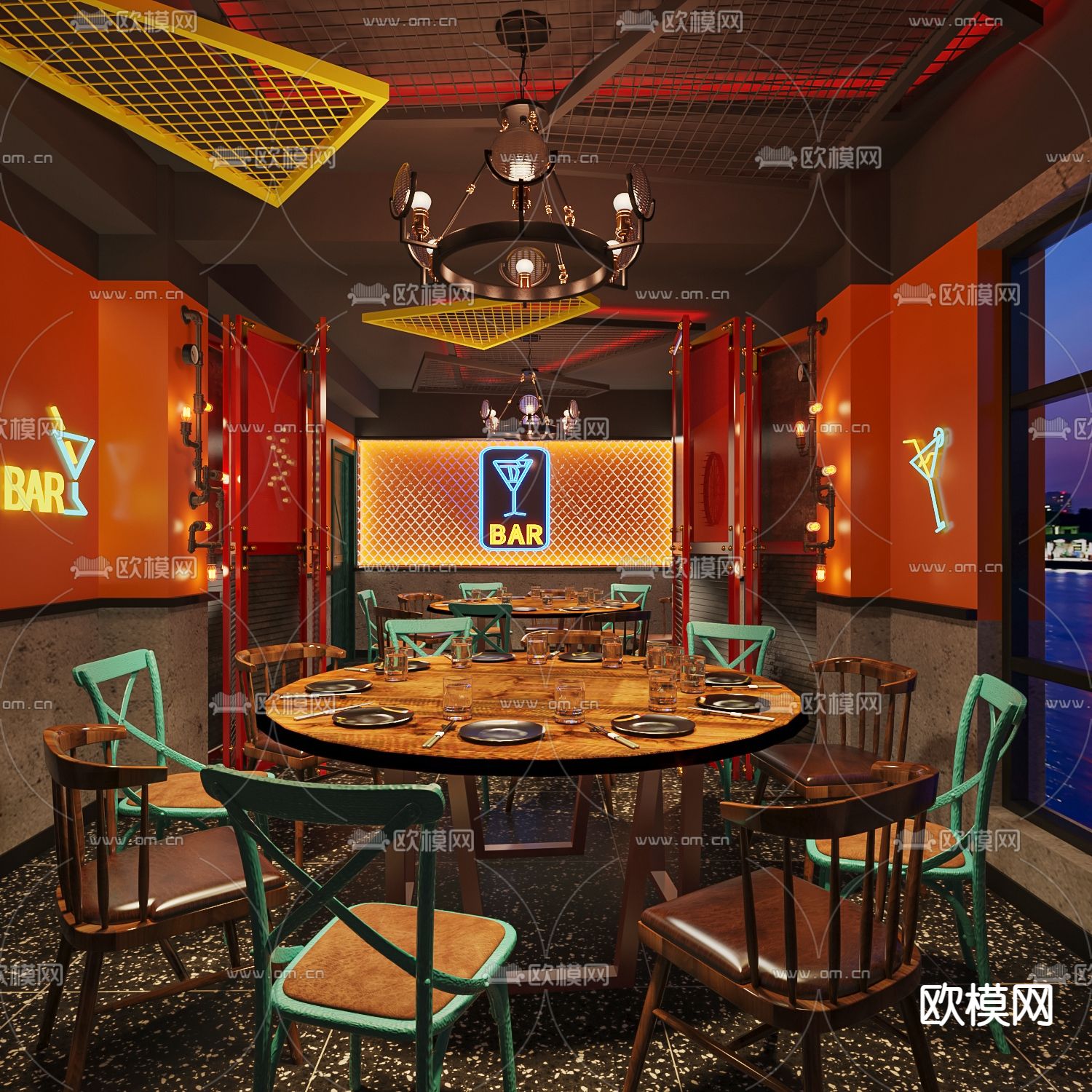 工业风主题餐厅包房3d模型下载