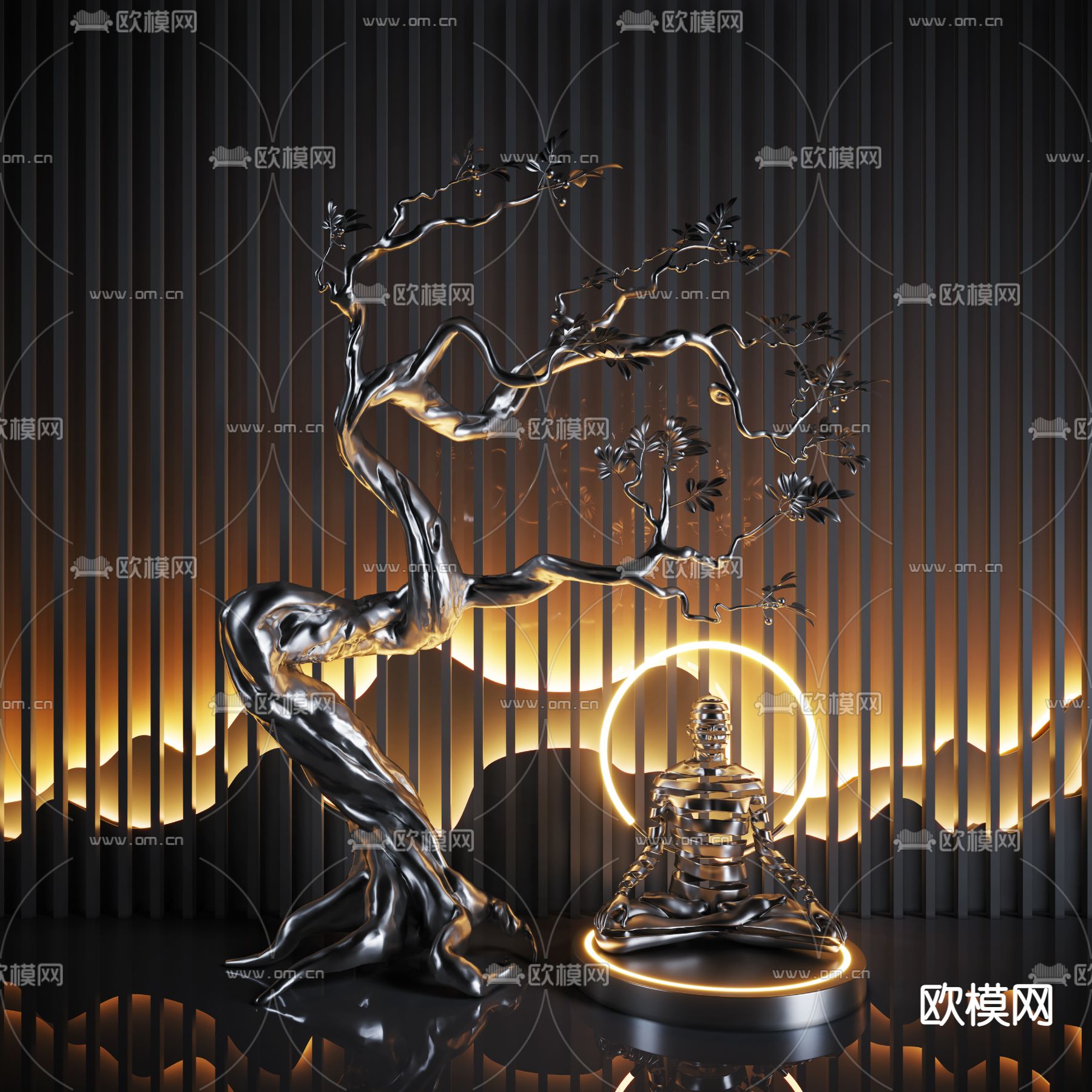 新中式禅意枯树雕塑3d模型下载