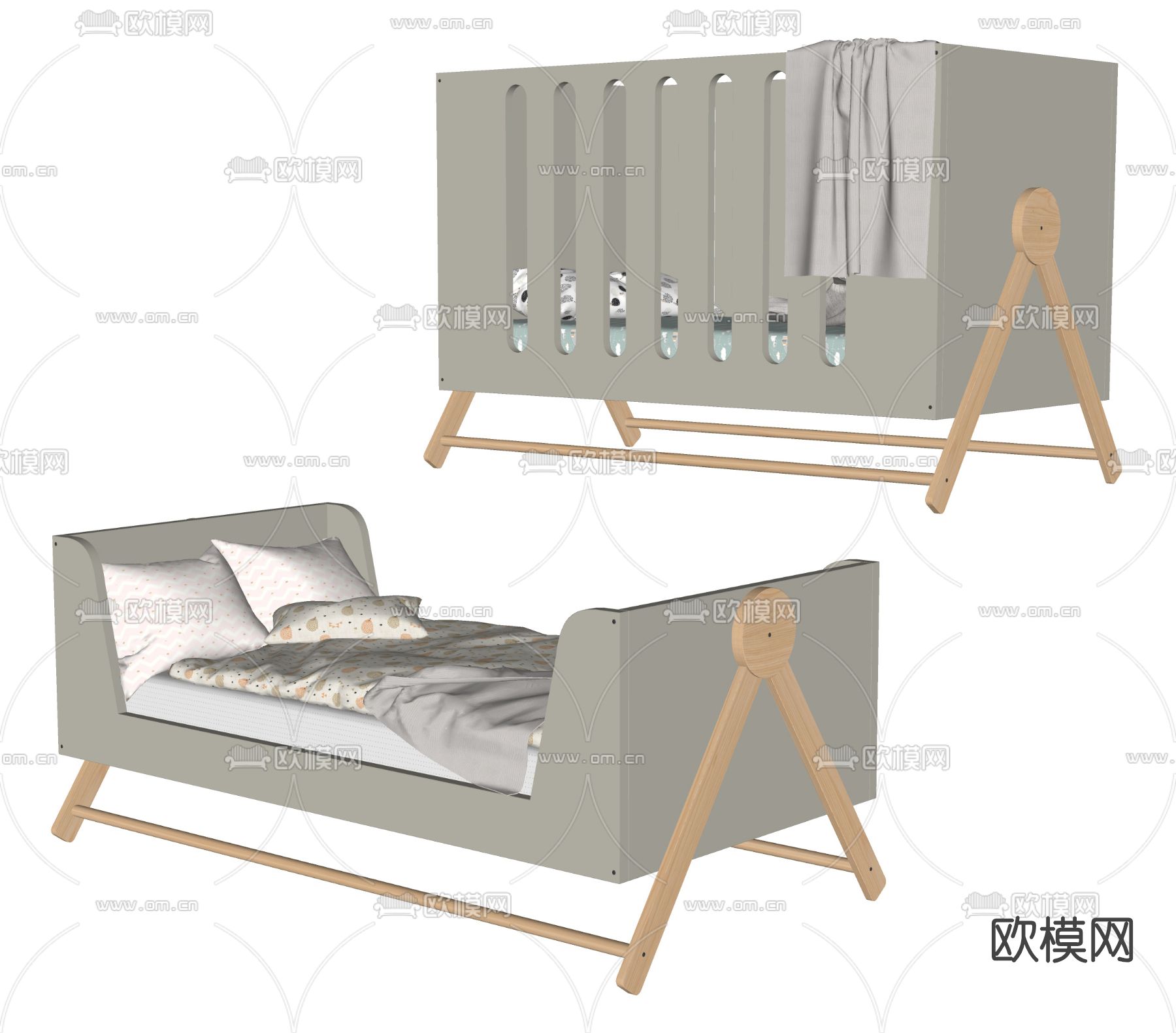 现代婴儿床儿童床su模型下载（渲染图2）