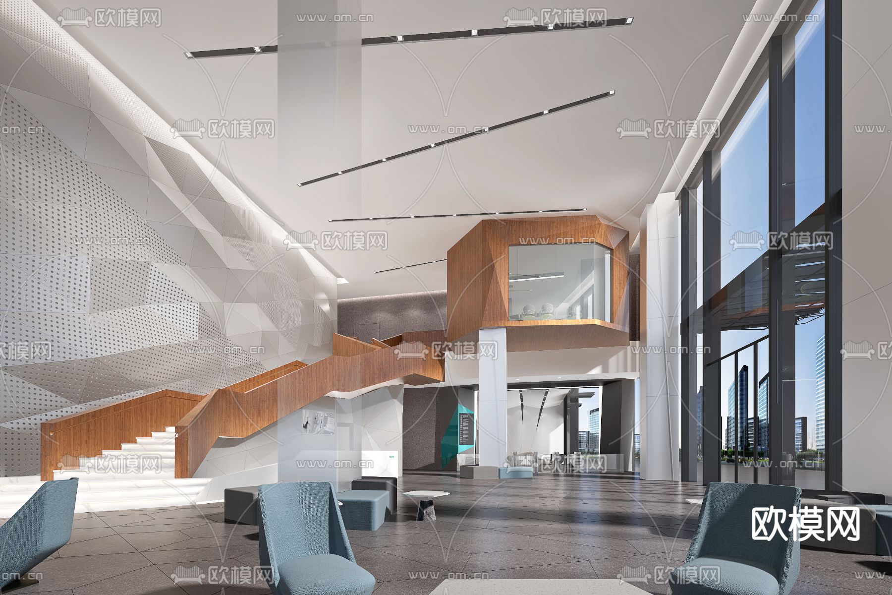 现代办公楼大堂3d模型下载（渲染图1）