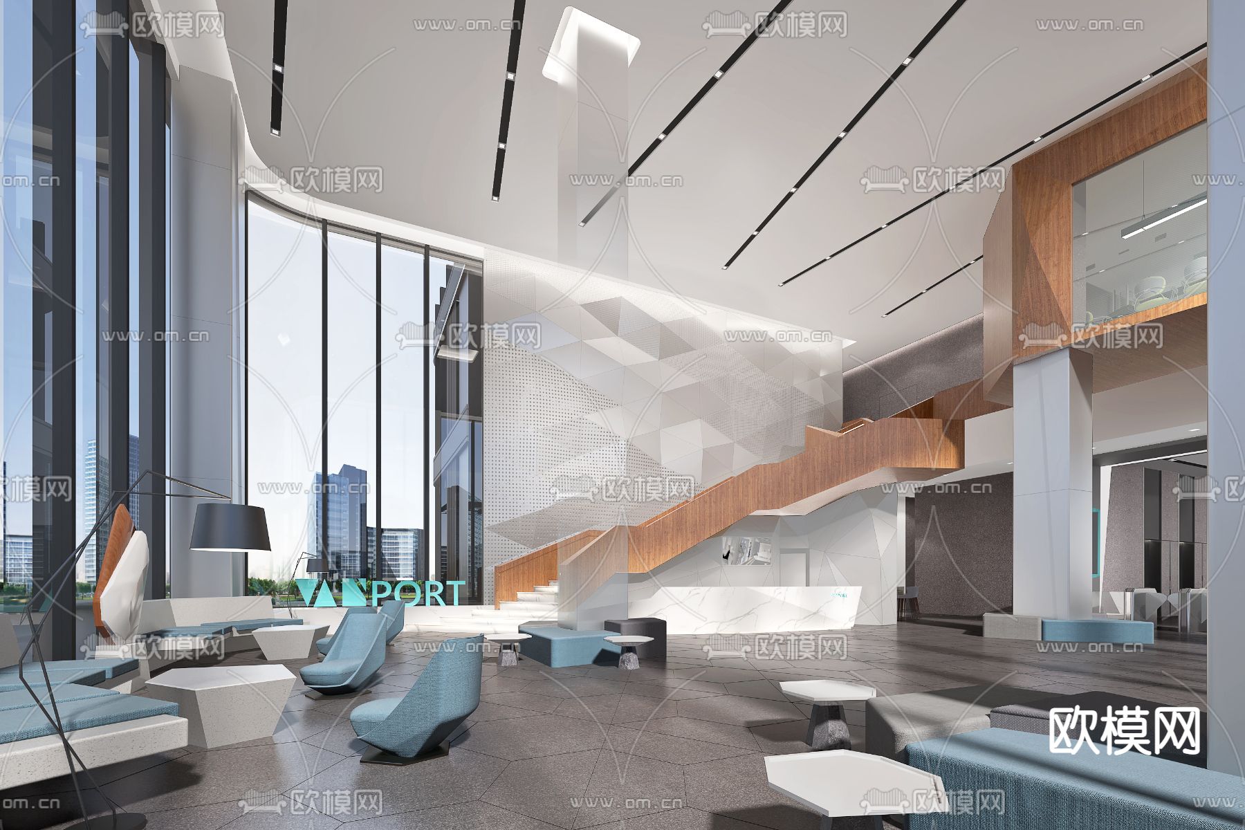 现代办公楼大堂3d模型下载（渲染图2）