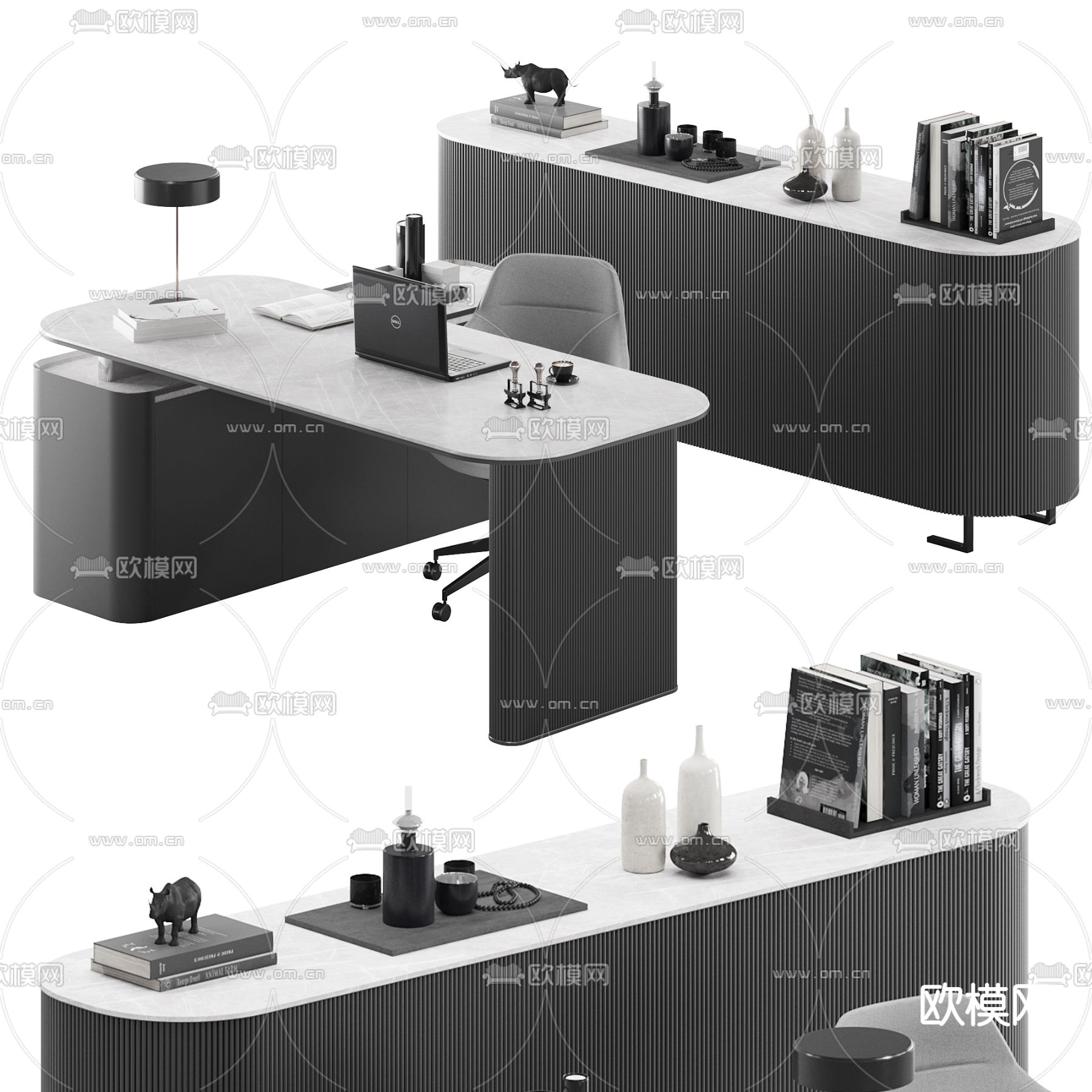 现代大班台桌椅3d模型下载（渲染图1）