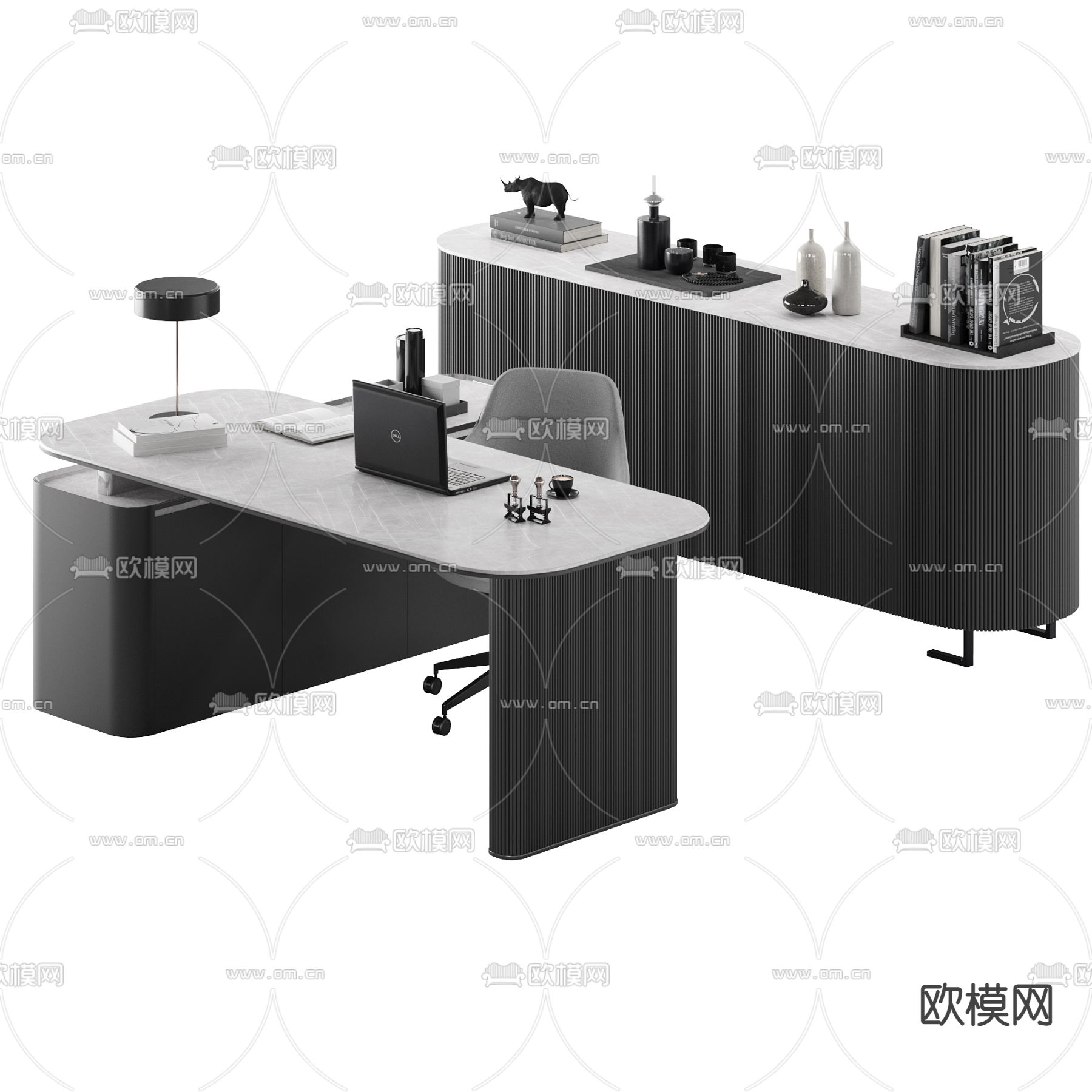 现代大班台桌椅3d模型下载（渲染图3）