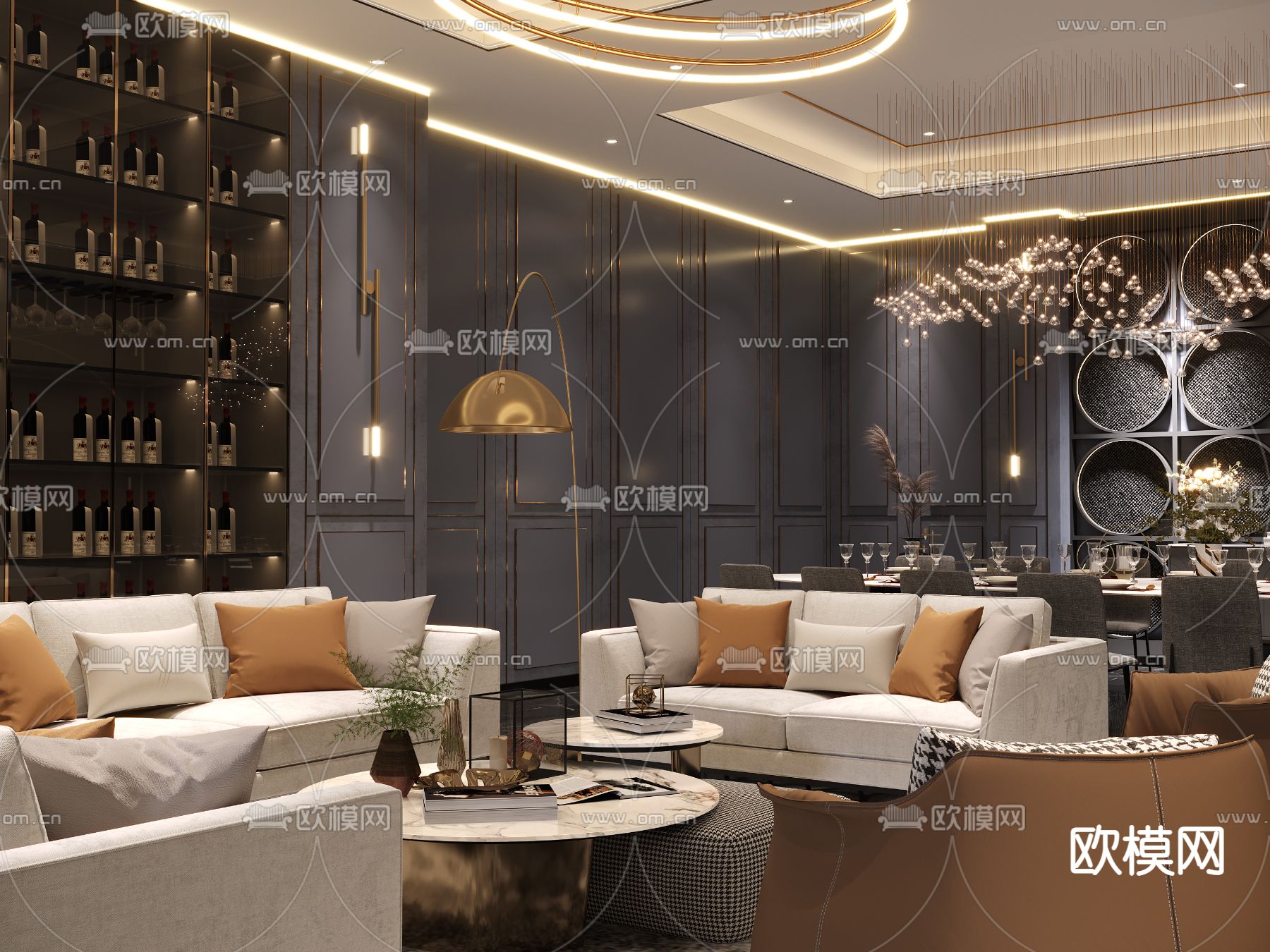 现代轻奢餐厅包房3d模型下载（渲染图3）