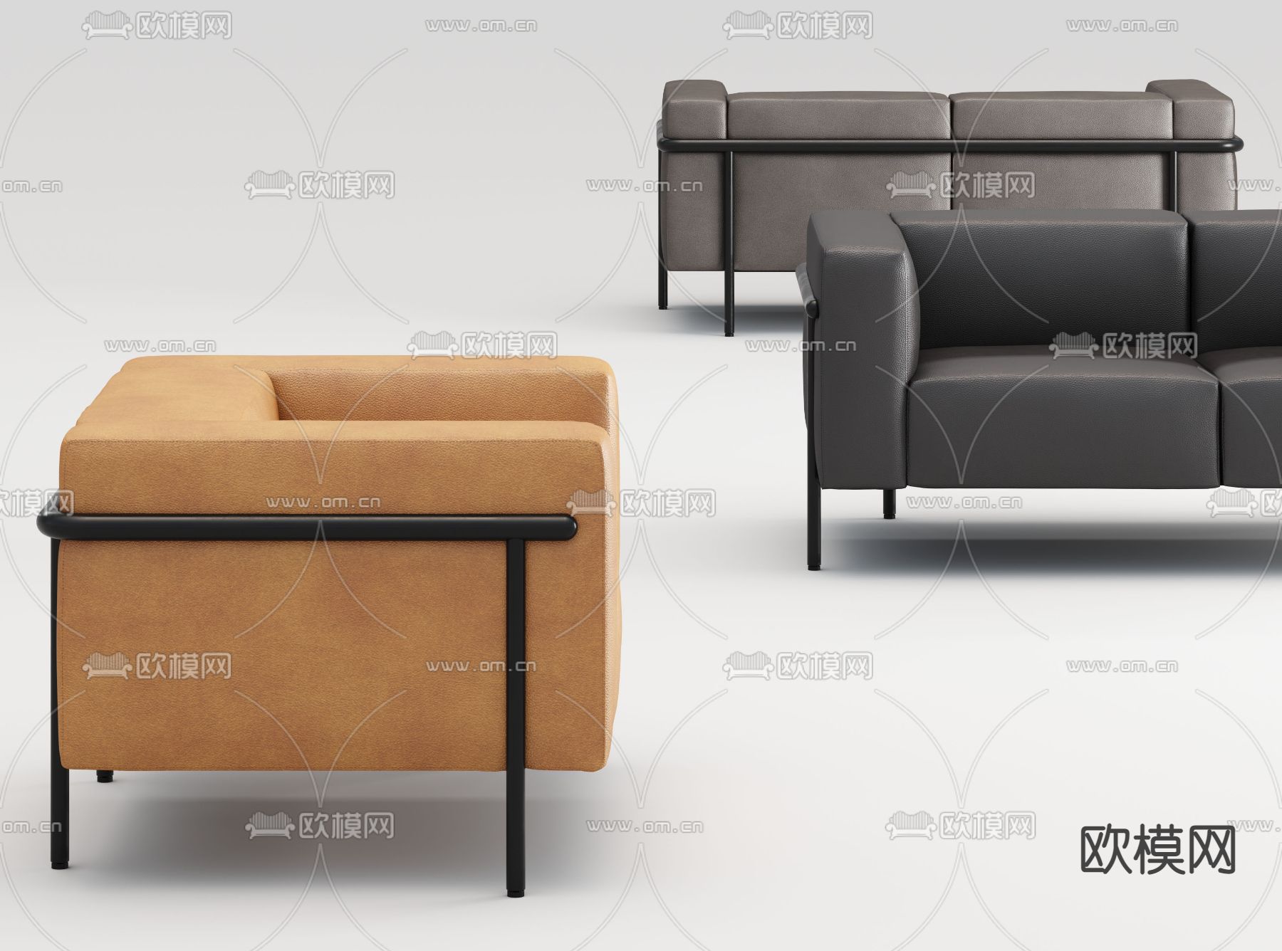 现代皮革双人办公沙发3d模型下载