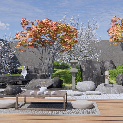  日式枯山水庭院景观su模型 