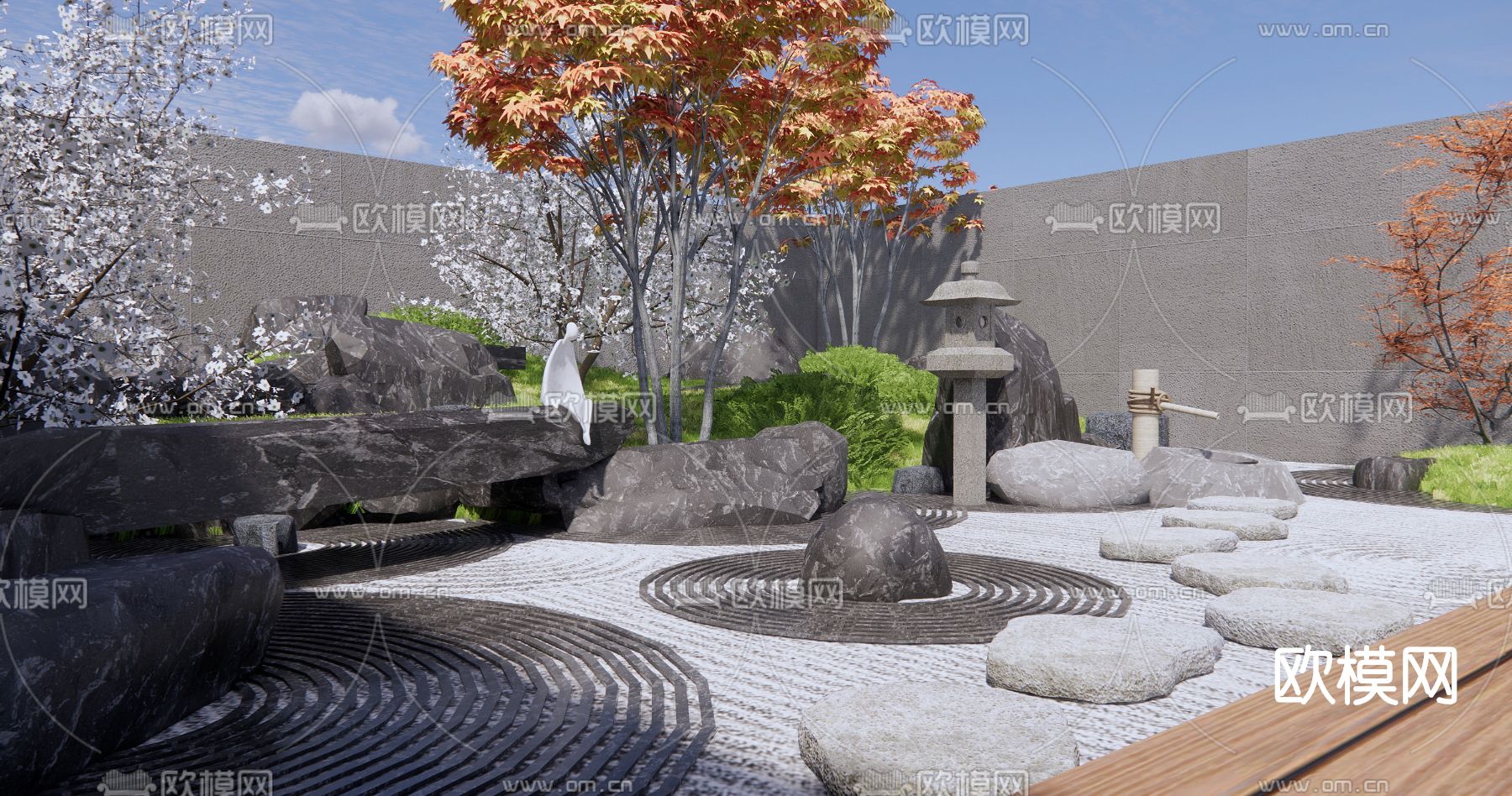 日式枯山水庭院景观su模型下载（渲染图2）