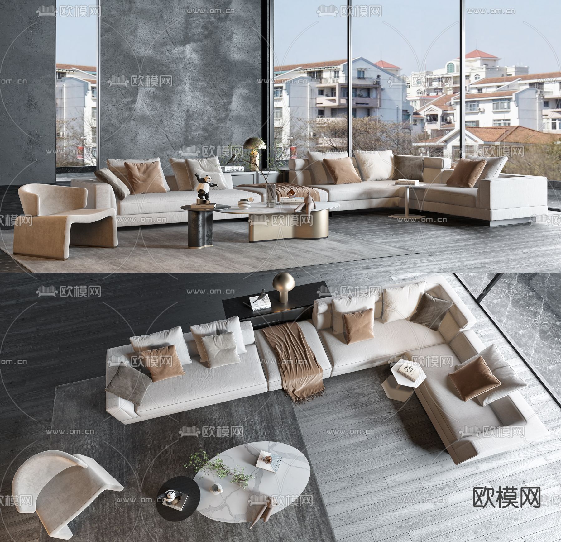 现代布艺转角沙发组合3d模型下载_ID11814123_3dmax免费模型-欧模网