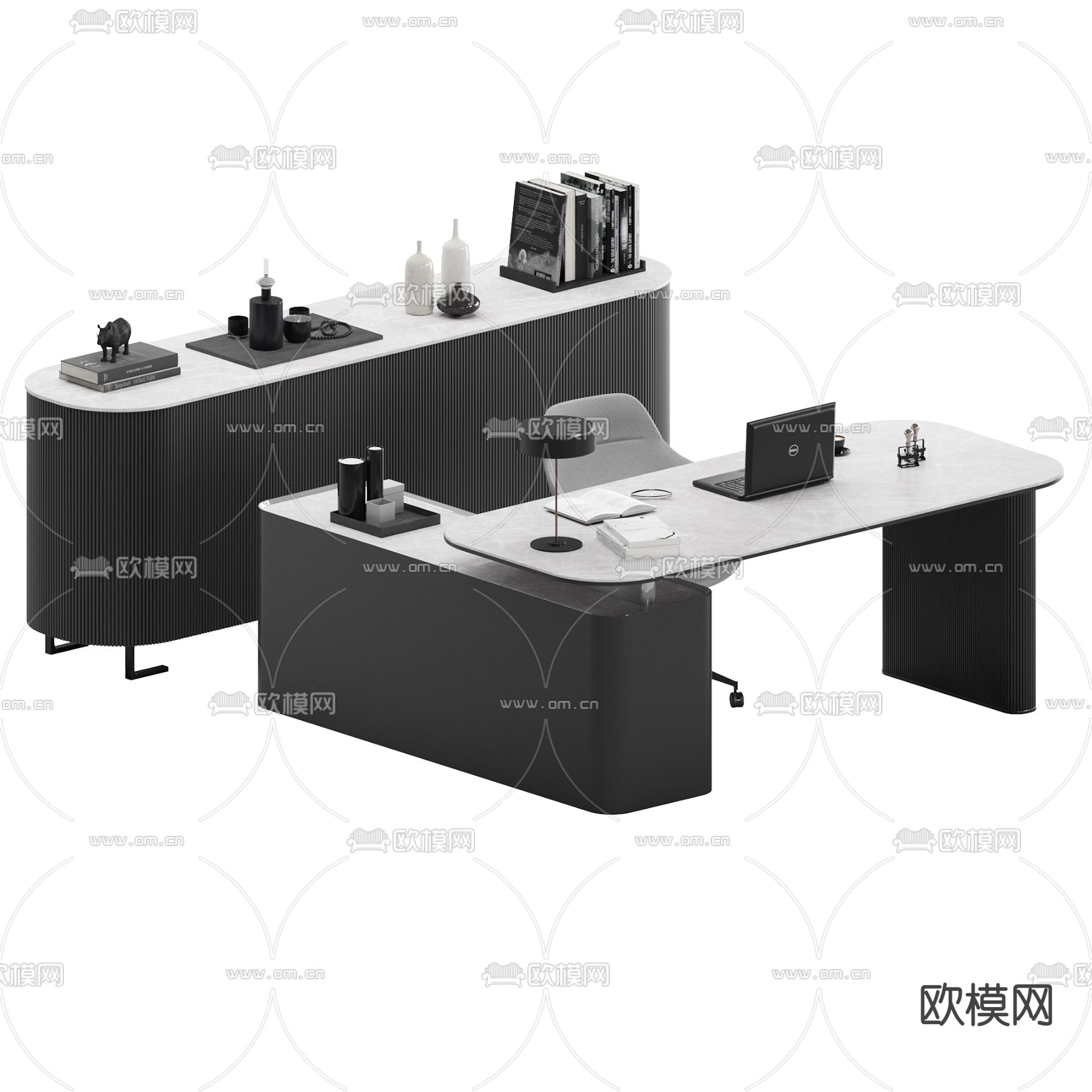 现代大班台桌椅3d模型下载（渲染图2）