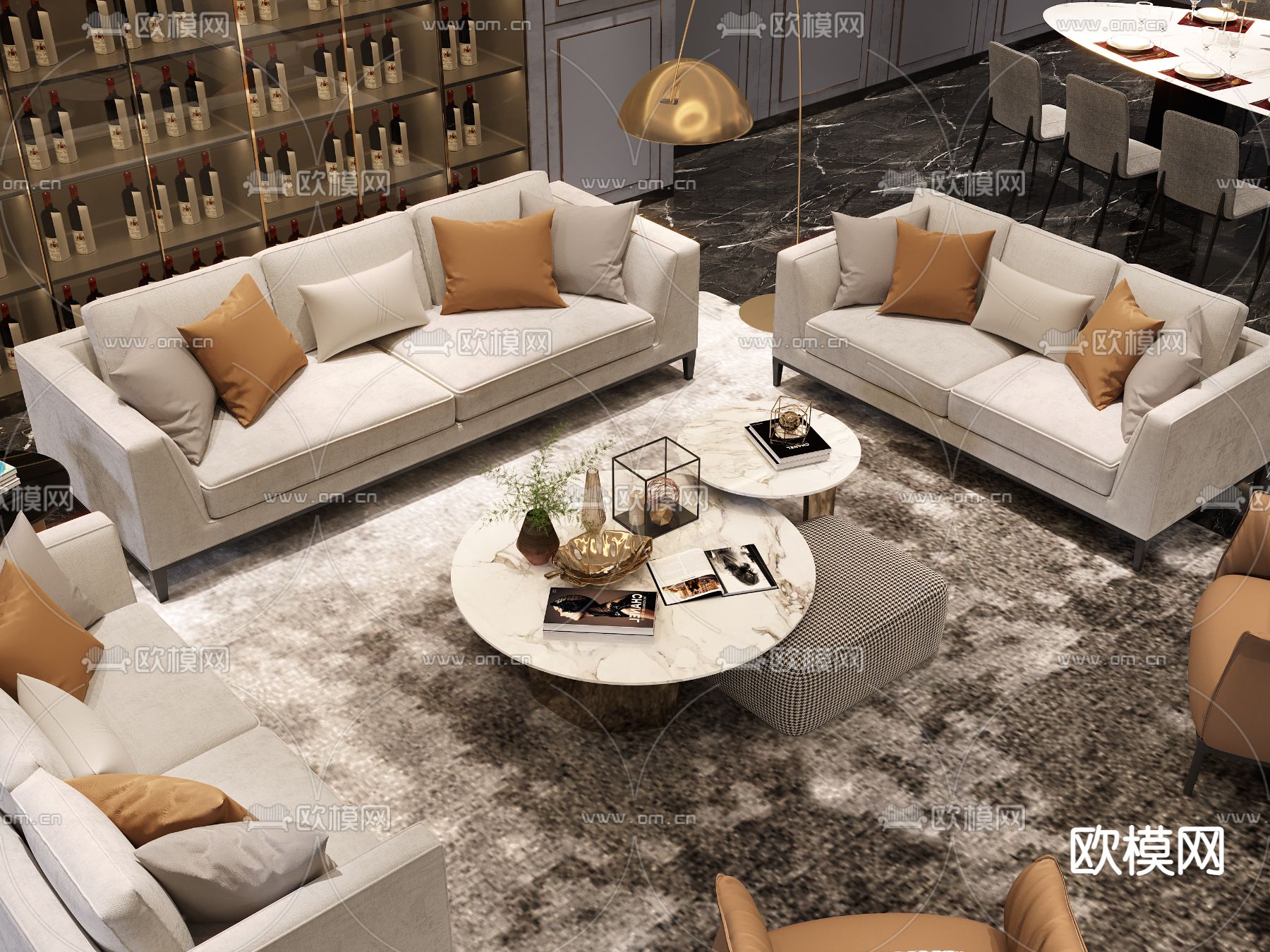 现代轻奢餐厅包房3d模型下载（渲染图4）