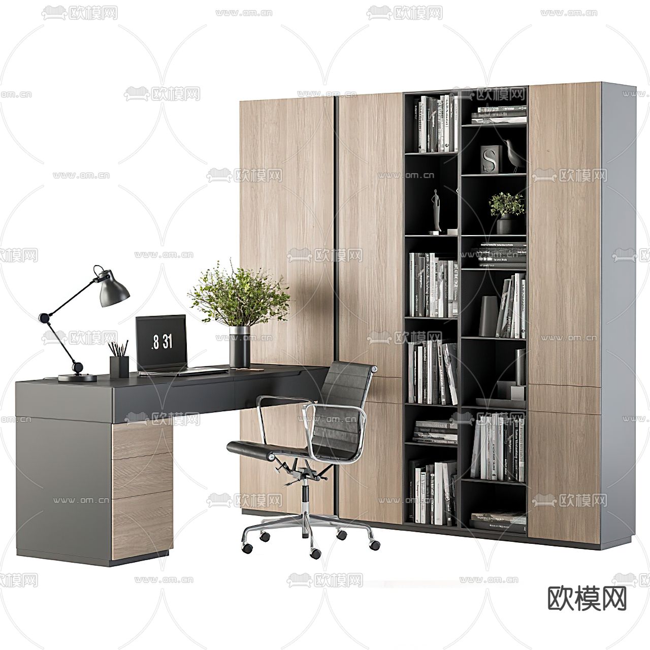 现代实木一体式书桌椅3d模型下载_ID11813944_3dmax免费模型-欧模网