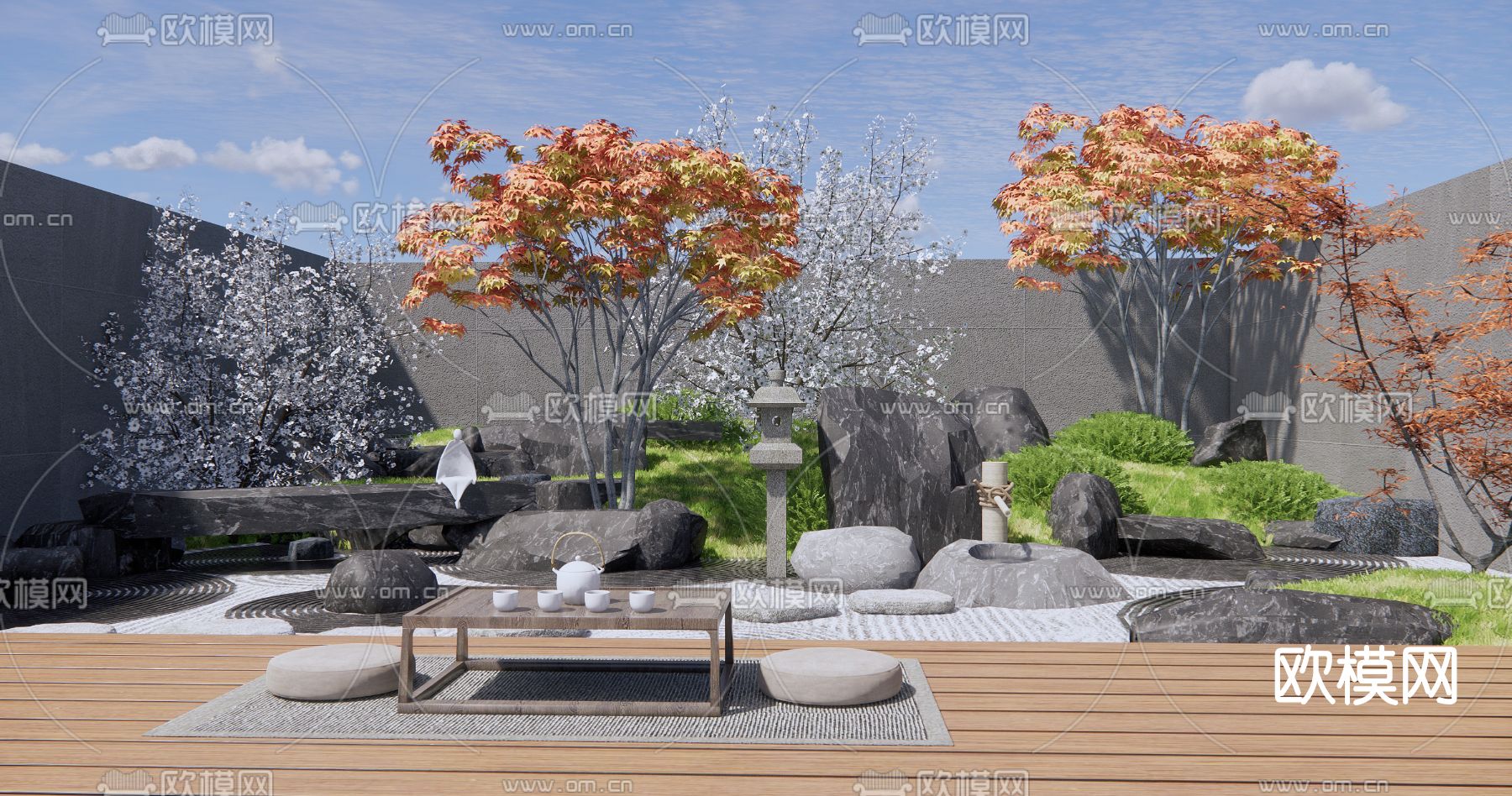 日式枯山水庭院景观su模型下载（渲染图1）