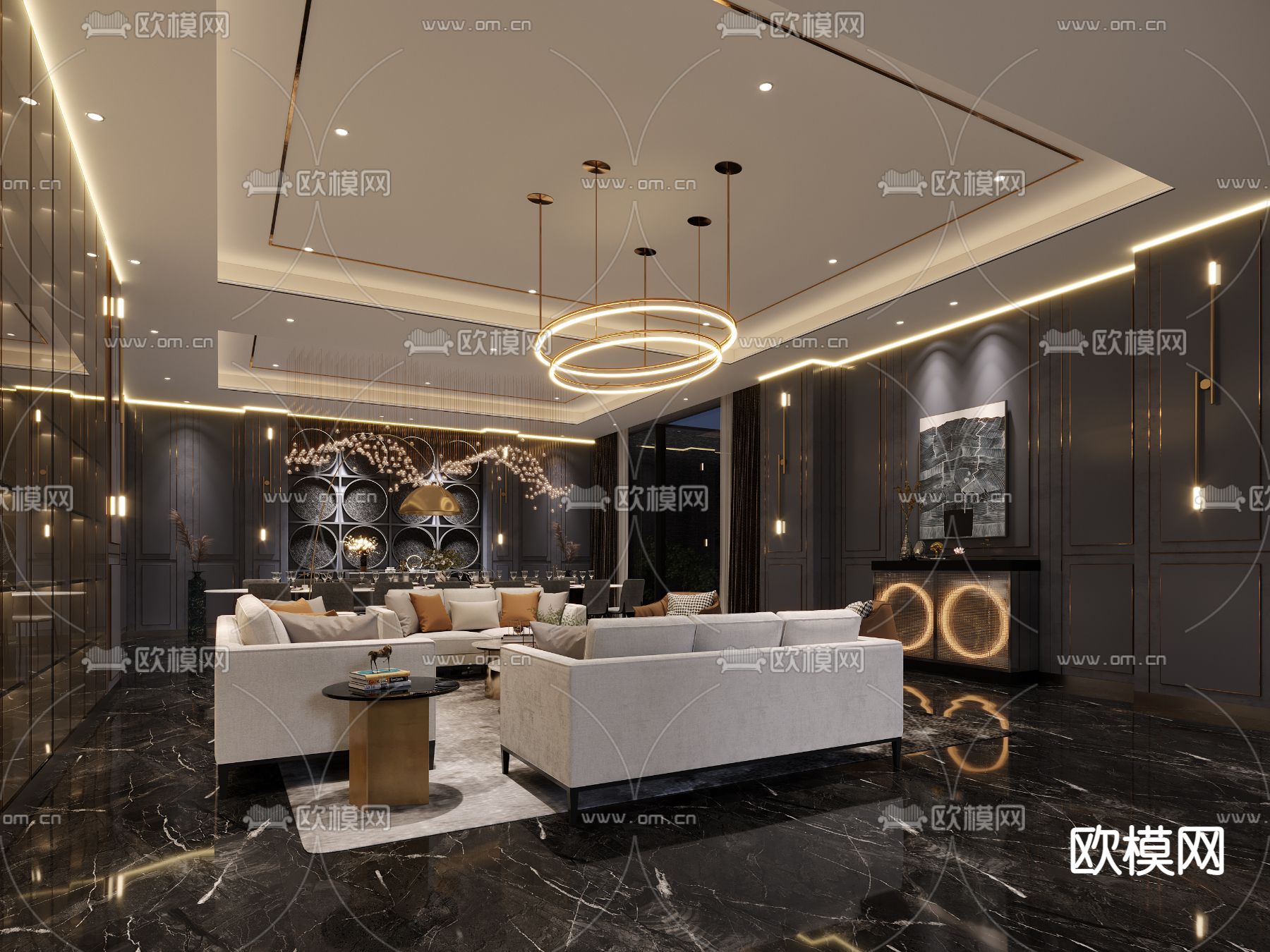 现代轻奢餐厅包房3d模型下载（渲染图2）