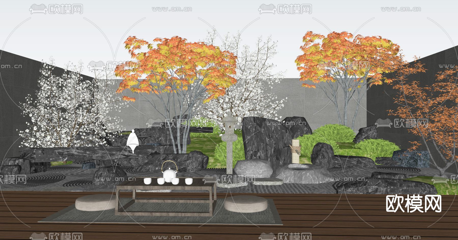 日式枯山水庭院景观su模型下载（渲染图3）