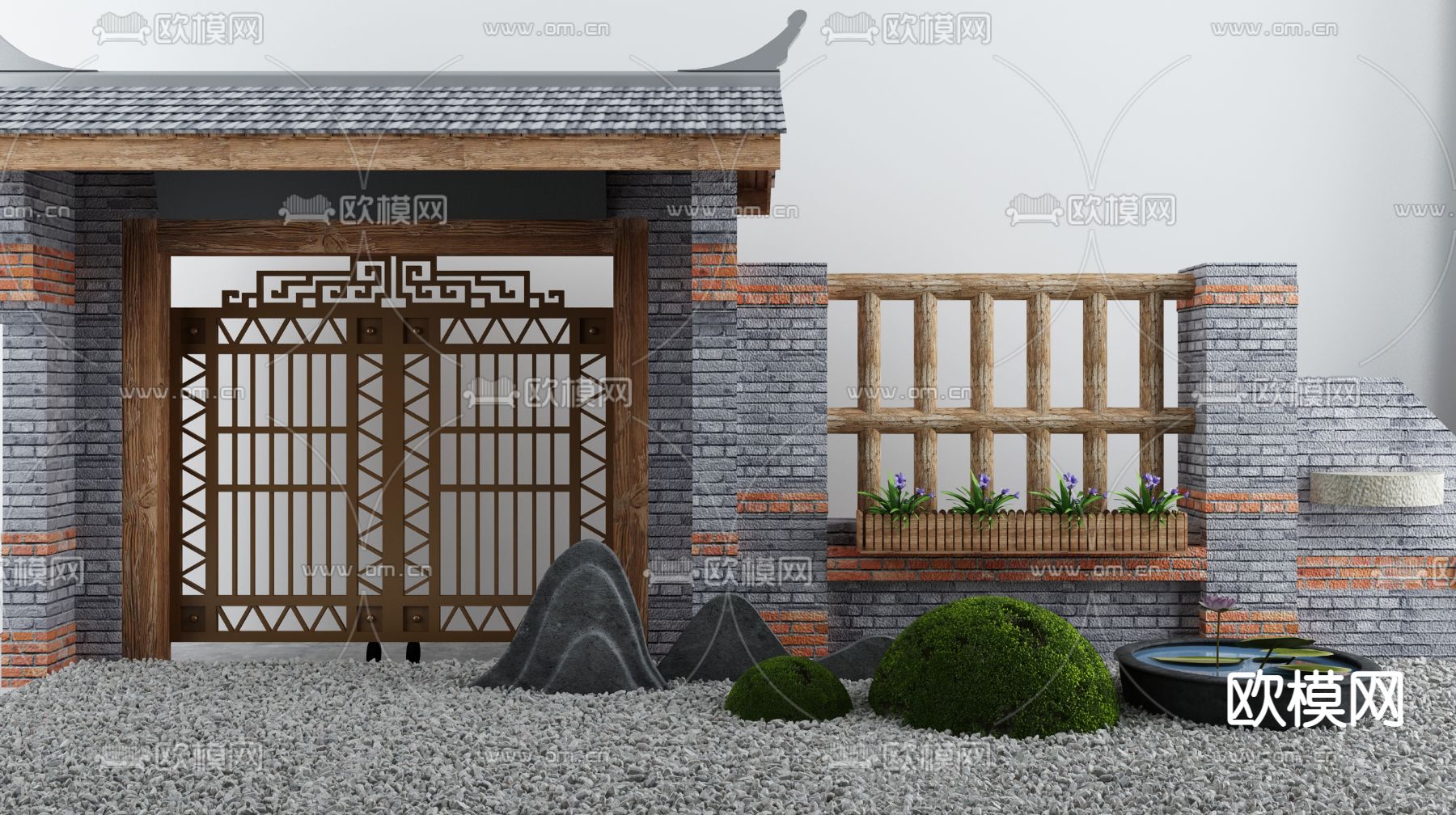 新中式庭院大门景观小品3d模型下载