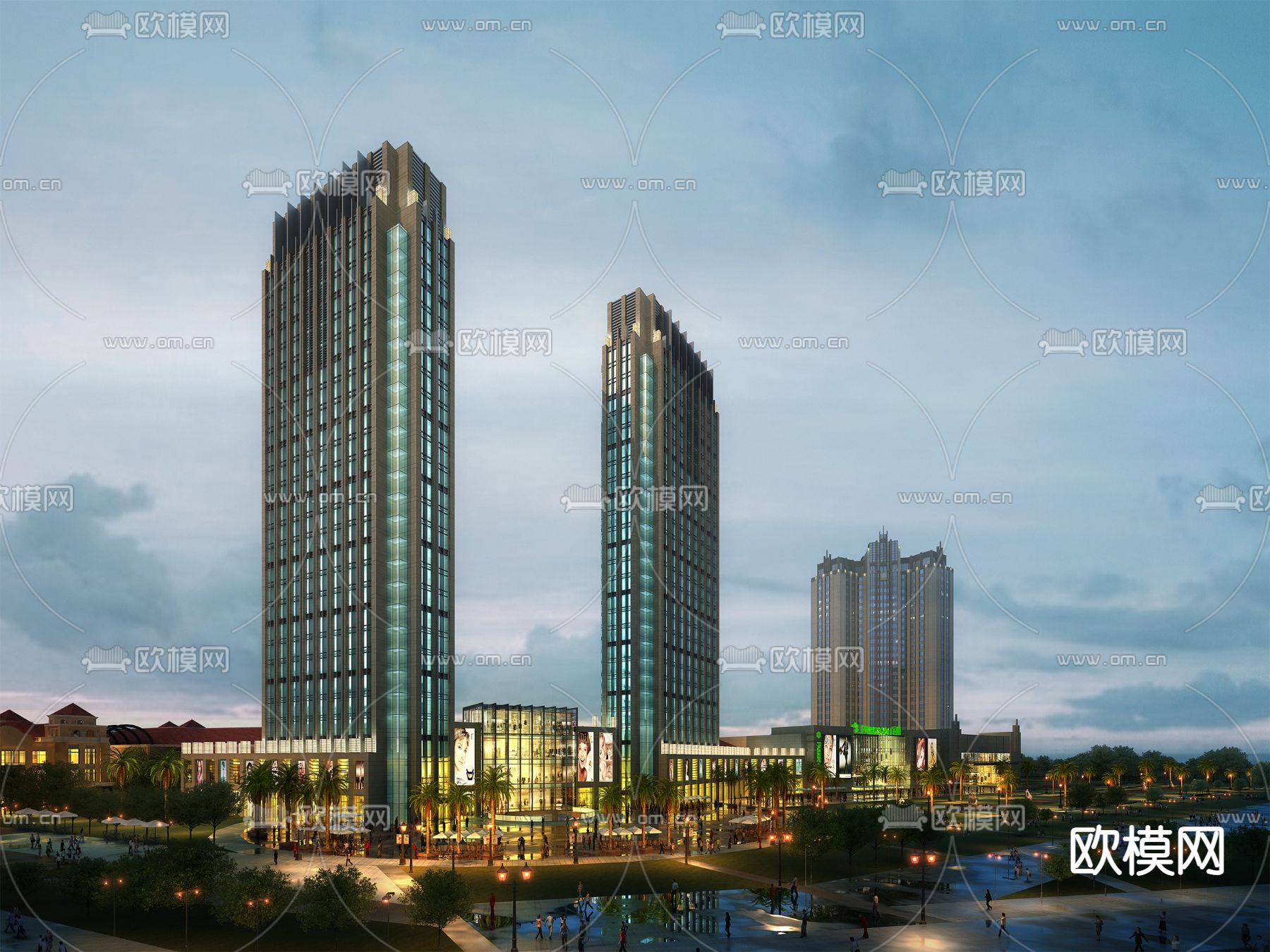 现代高层办公楼夜景建筑外观3d模型下载