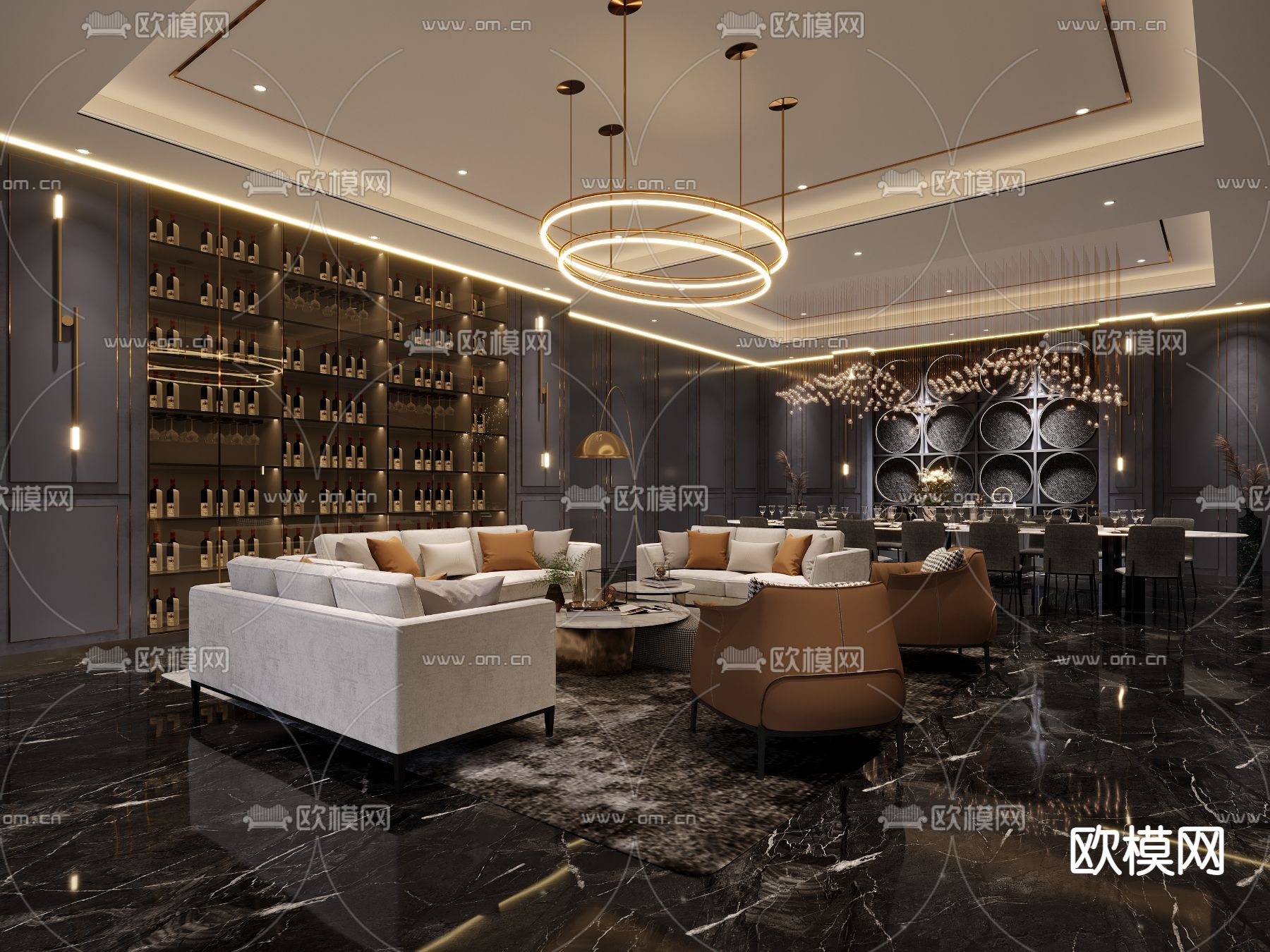 现代轻奢餐厅包房3d模型下载（渲染图1）