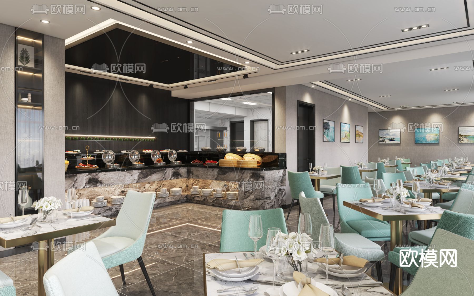 现代自助餐厅3d模型下载（渲染图1）