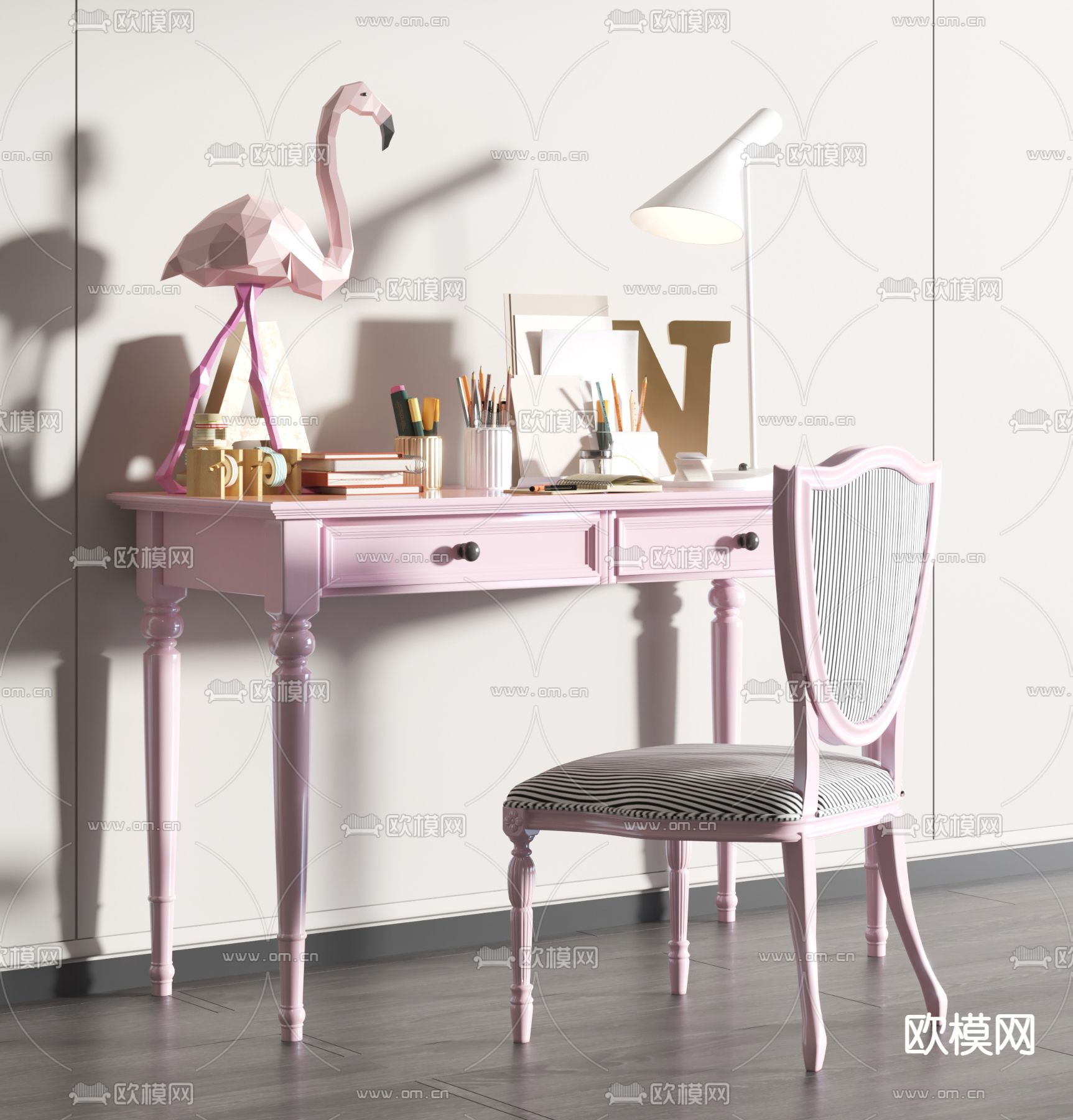 美式实木儿童书桌椅3d模型下载