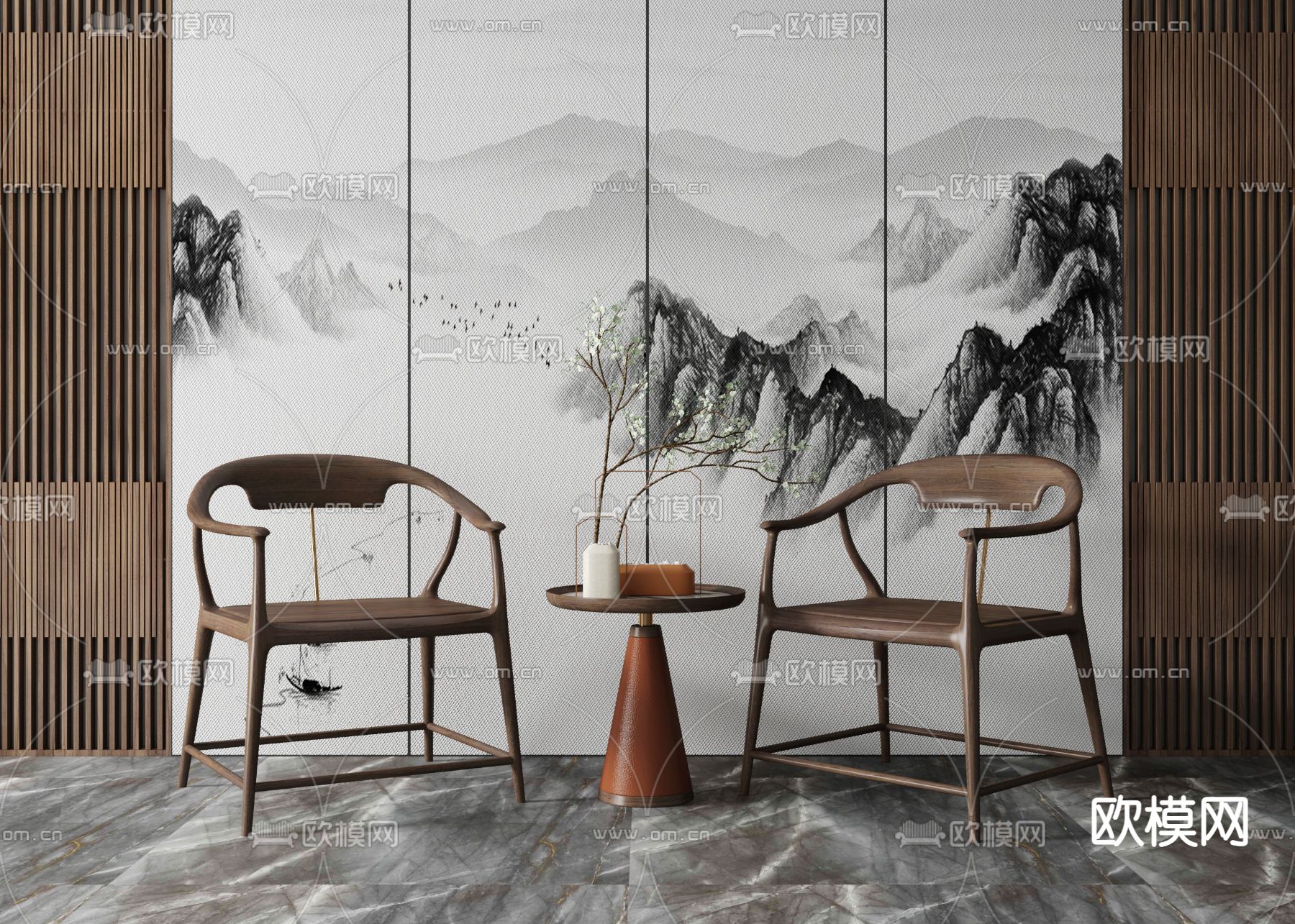 新中式实木休闲椅3d模型下载