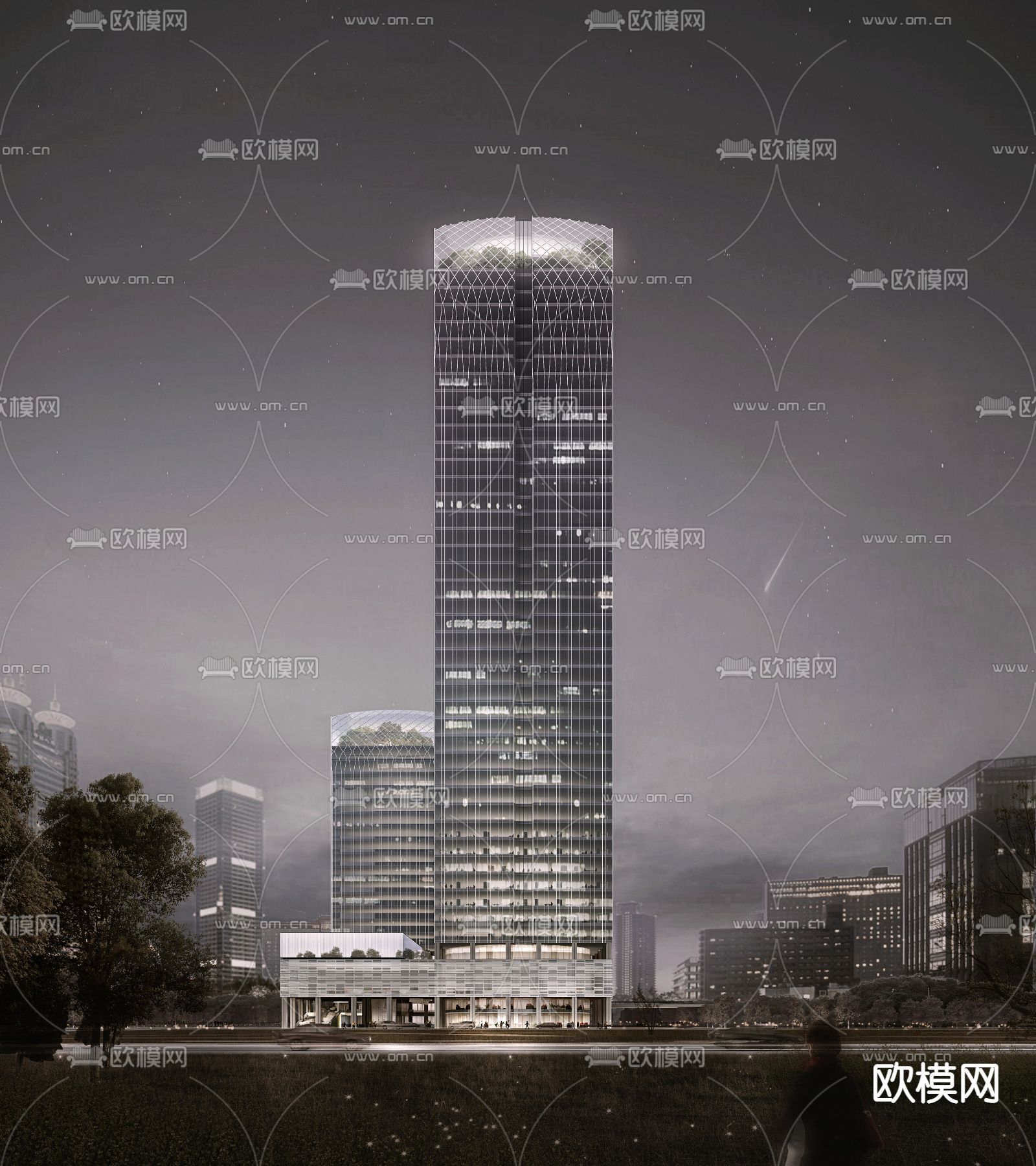 现代办公楼鸟瞰夜景su模型下载（渲染图2）