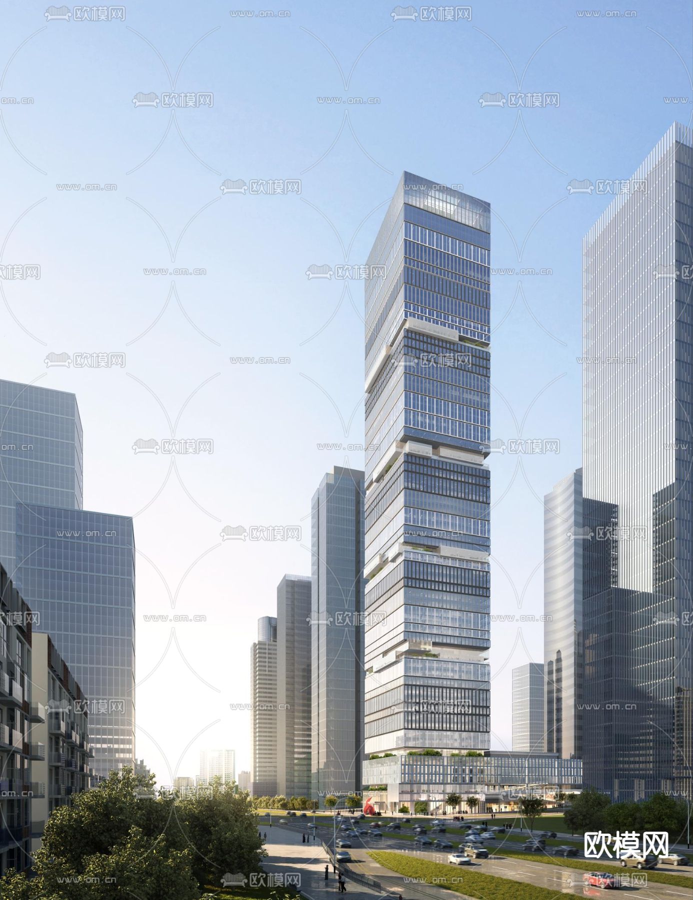 现代办公楼鸟瞰夜景su模型下载（渲染图2）