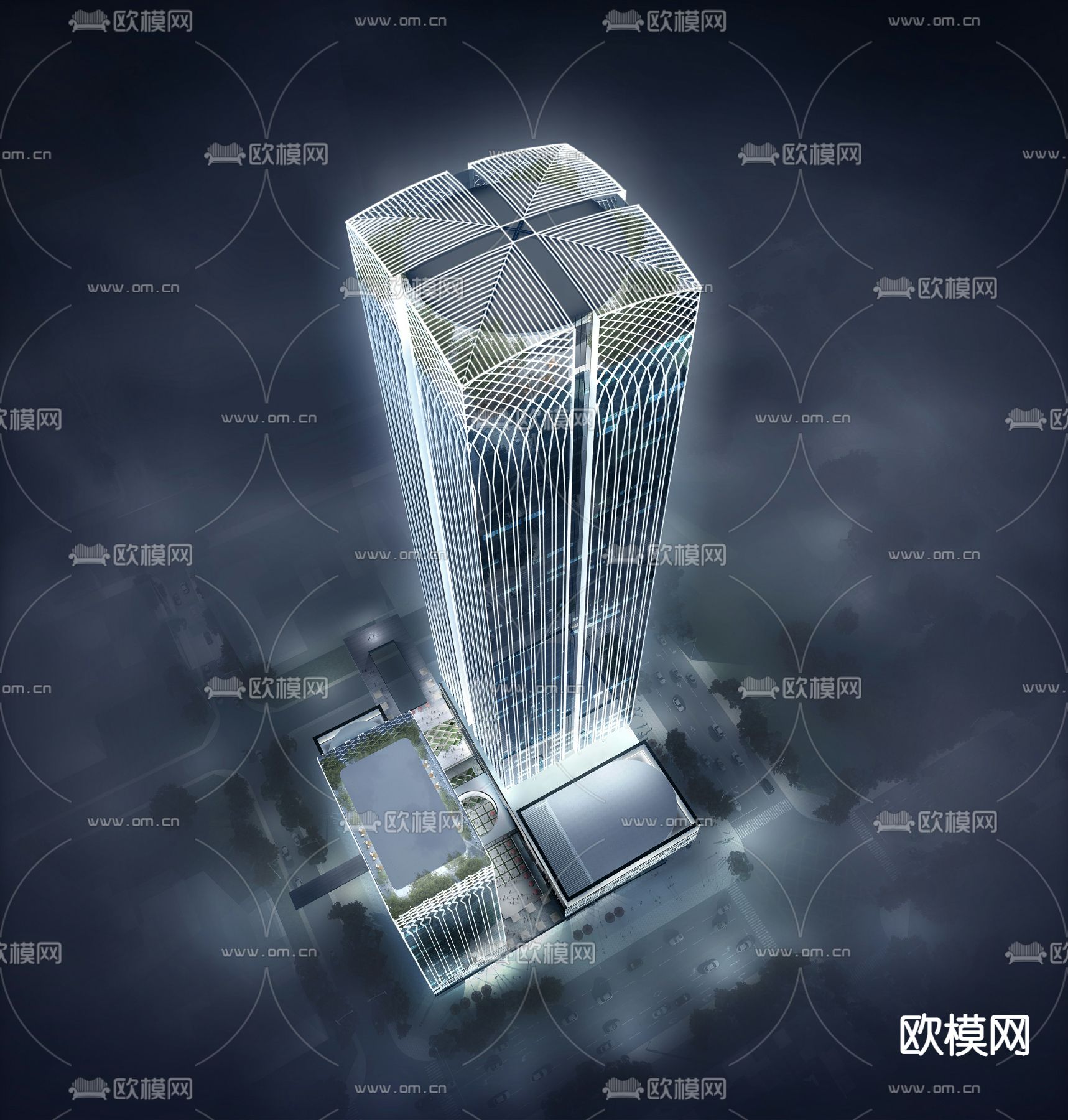 现代办公楼鸟瞰夜景su模型下载（渲染图1）