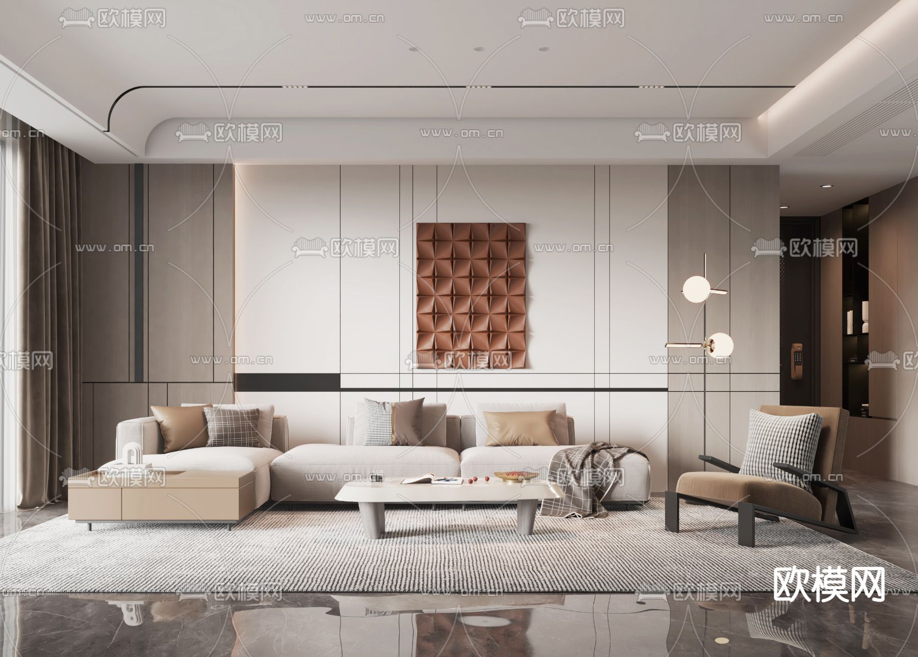 现代布艺转角沙发组合3d模型下载