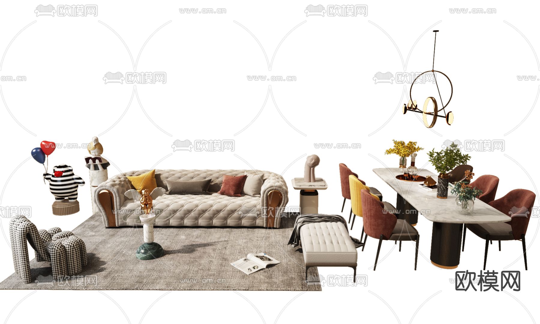 欧式沙发餐桌椅组合3d模型下载（渲染图2）