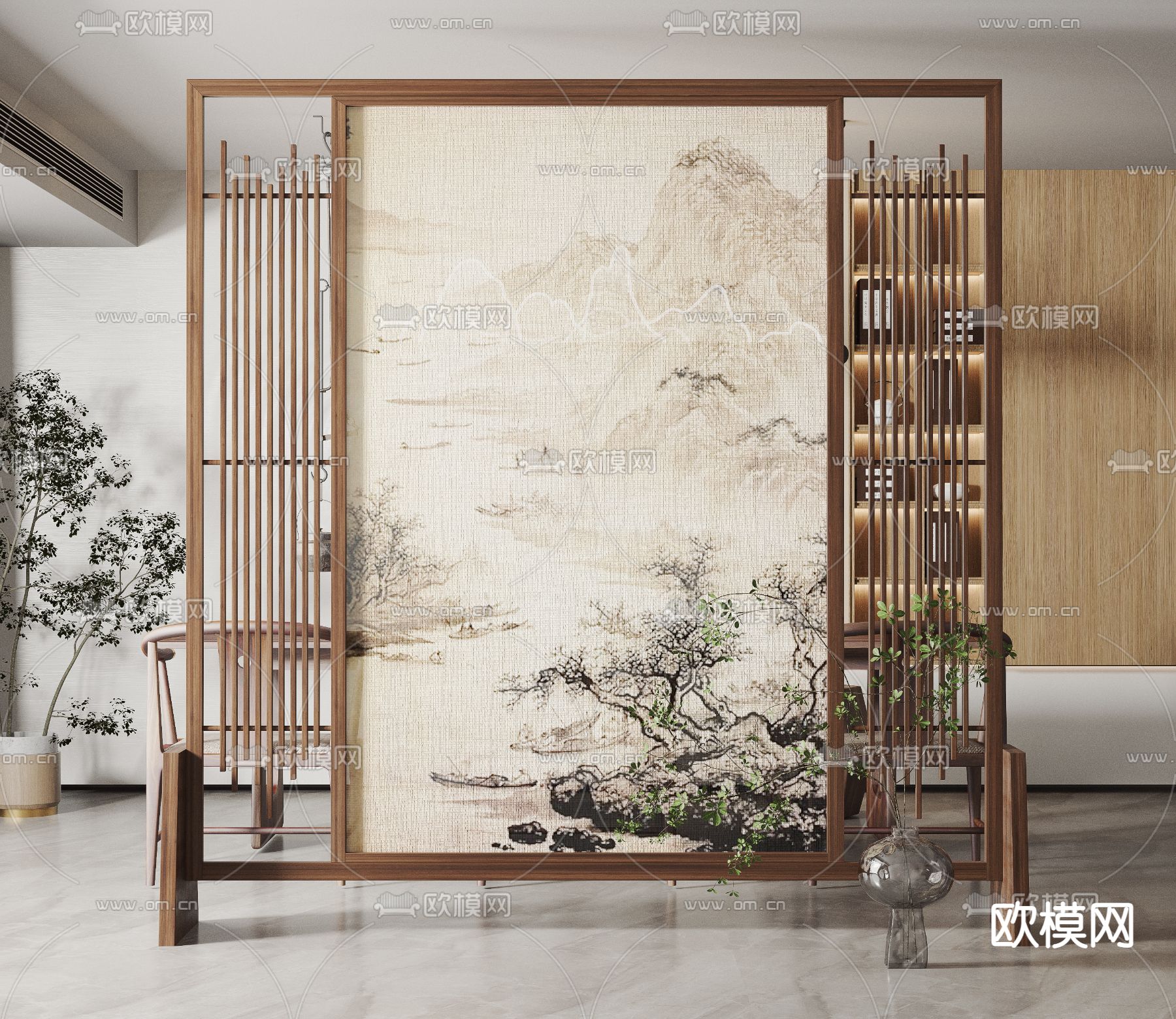 新中式山水隔断屏风3d模型下载