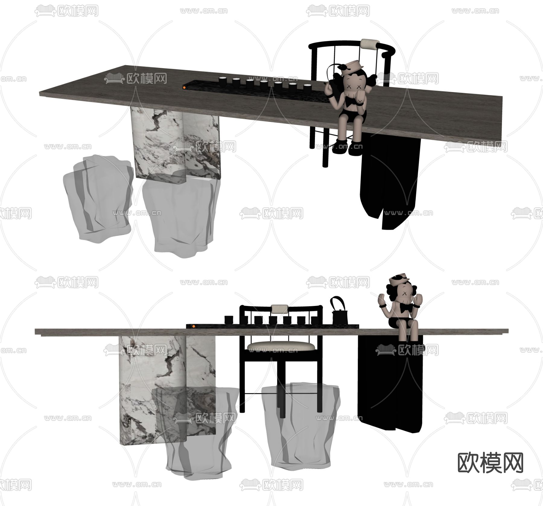 现代条形茶桌椅su模型下载（渲染图2）