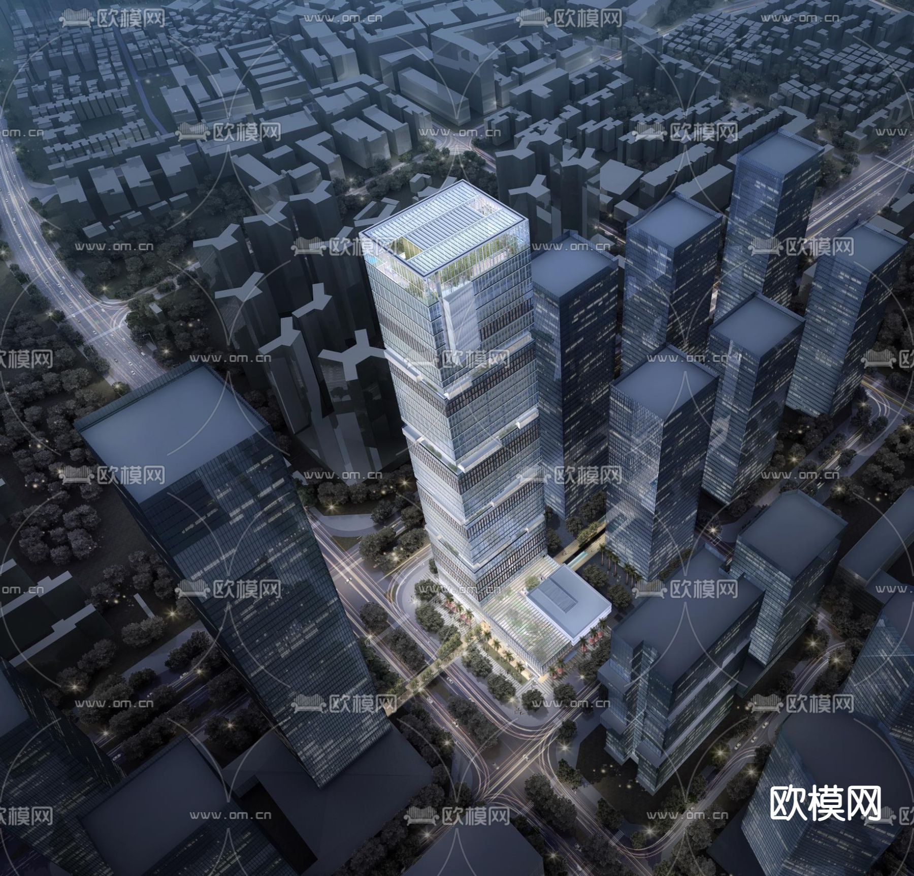 现代办公楼鸟瞰夜景su模型下载（渲染图1）