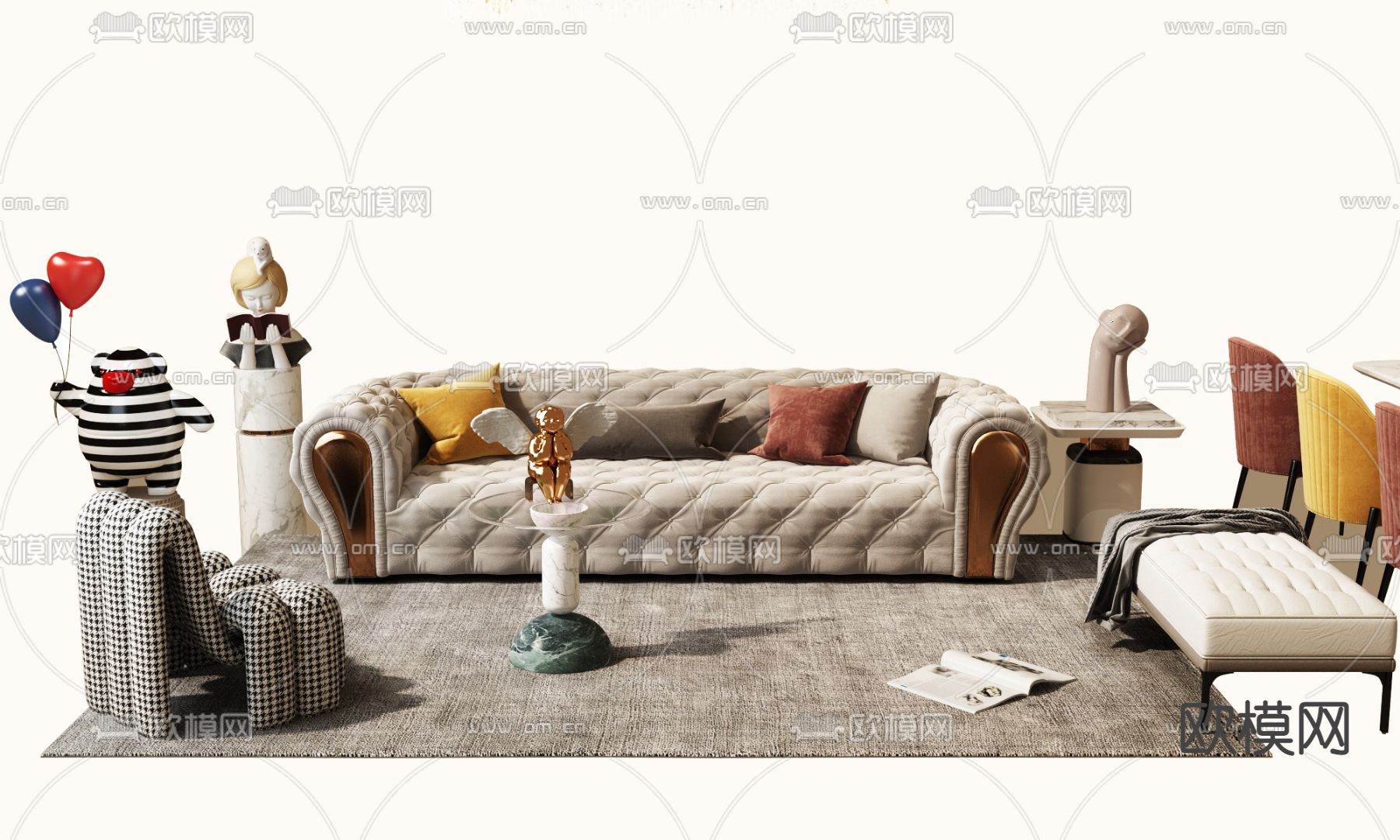 欧式沙发餐桌椅组合3d模型下载（渲染图1）
